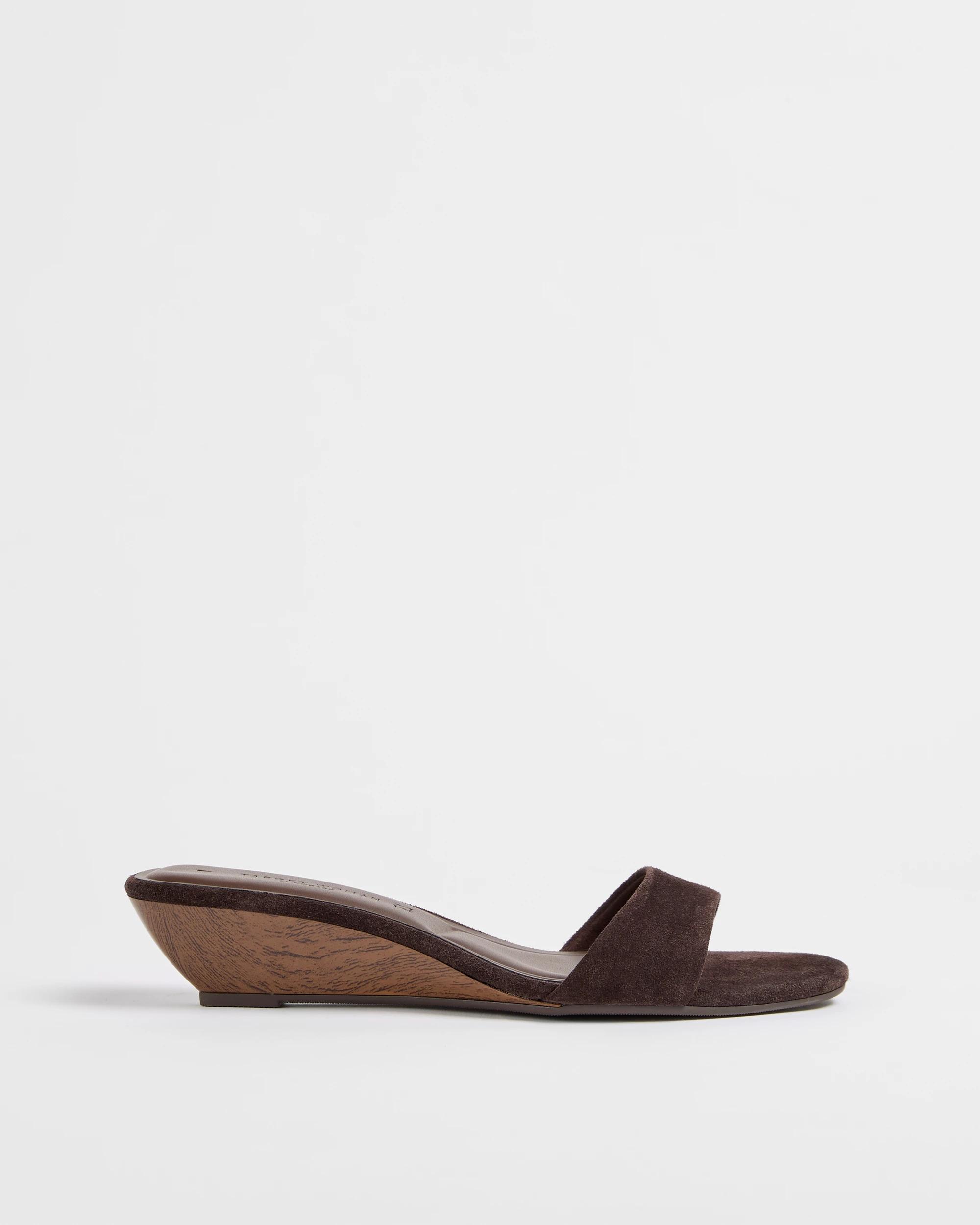 1 Target Woman Genuine Suede Leather Single Strap Low Wedge Heels CHOCOLATE, 1 of 3