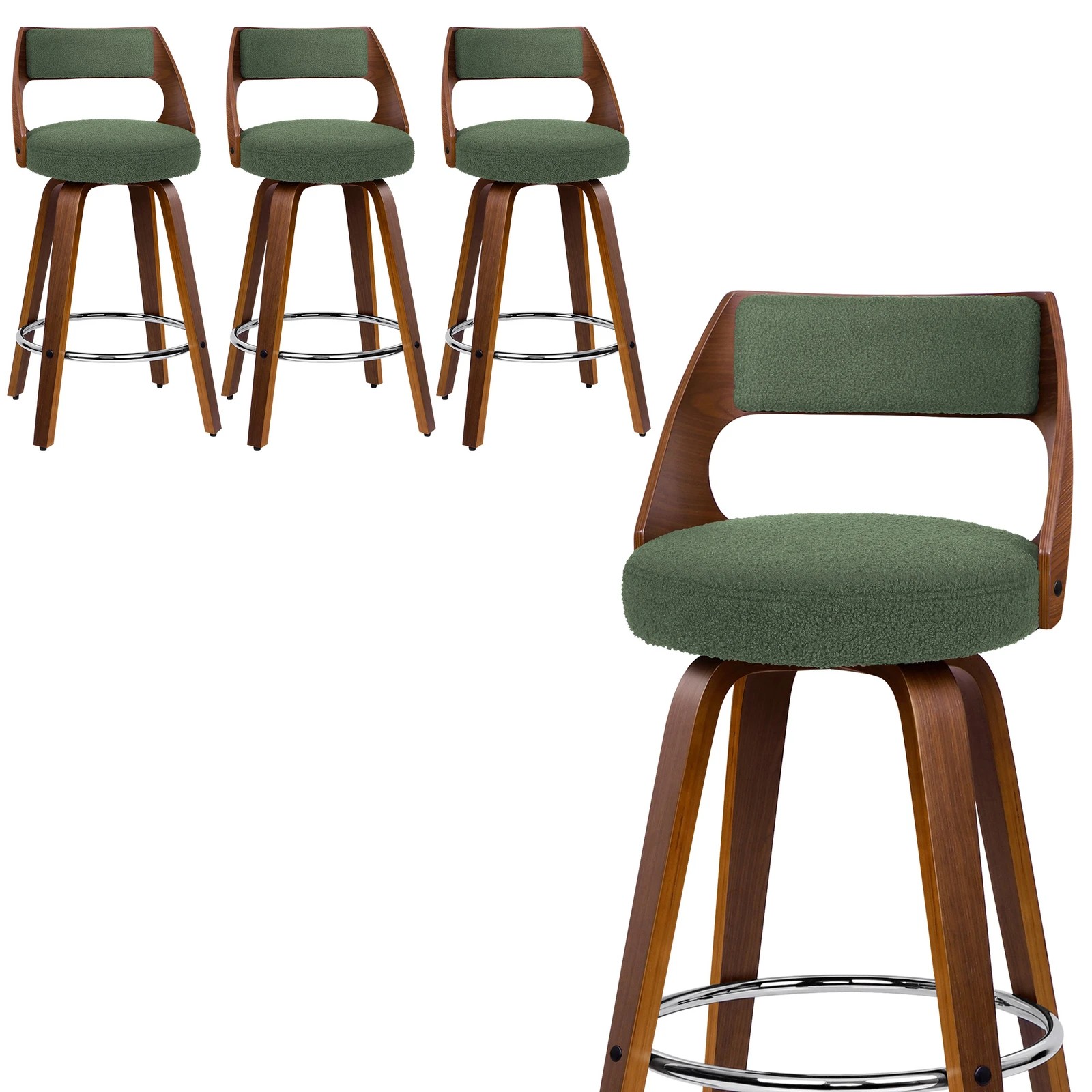 1 Alfordson 4x Swivel Bar Stools 65cm Kitchen Wooden Dining Chair Boucle - Green, 1 of 10
