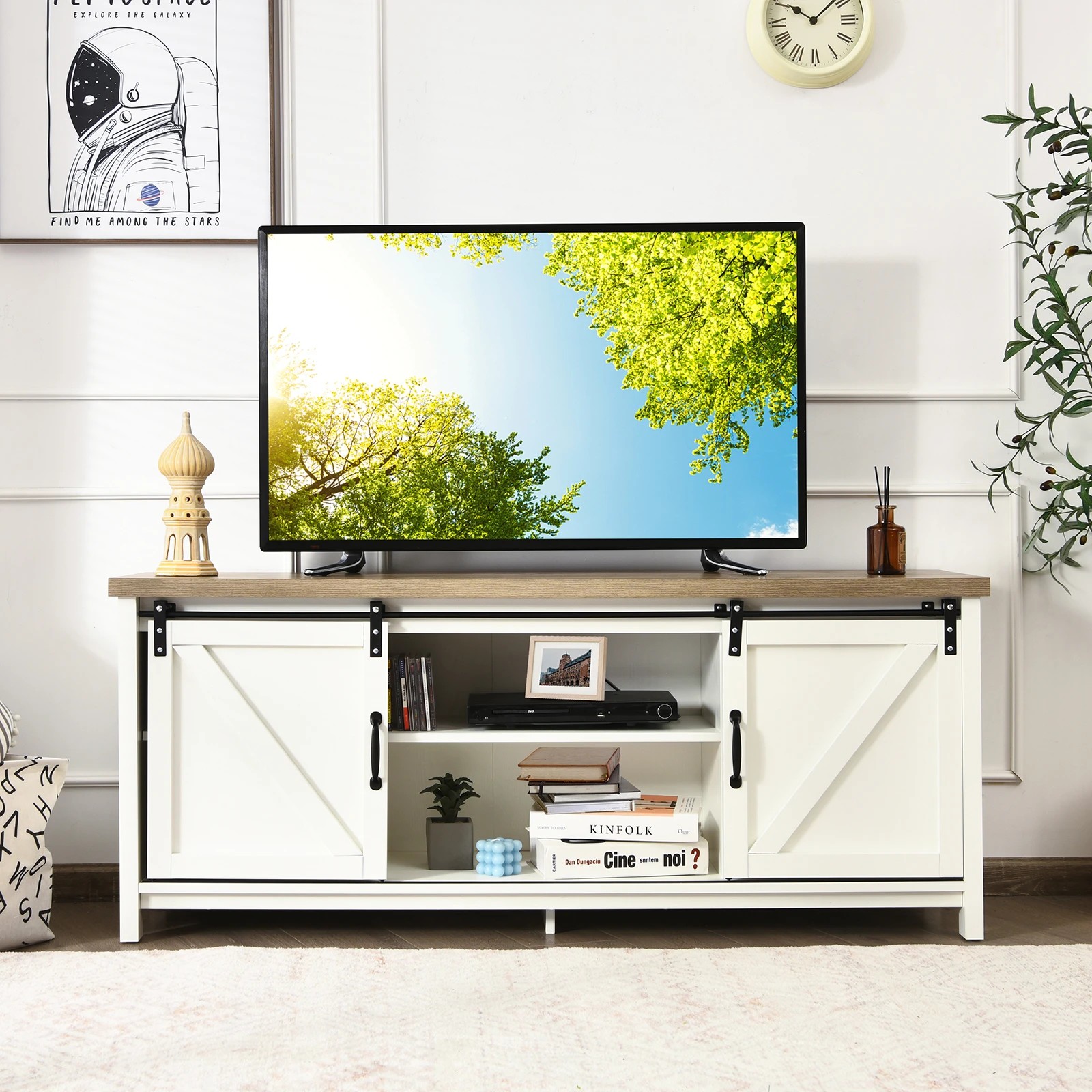 2 Costway Wood TV Cabinet Entertainment Unit Media Console Table w/Sliding Door w/Adjustable Shelf - White, 2 of 5