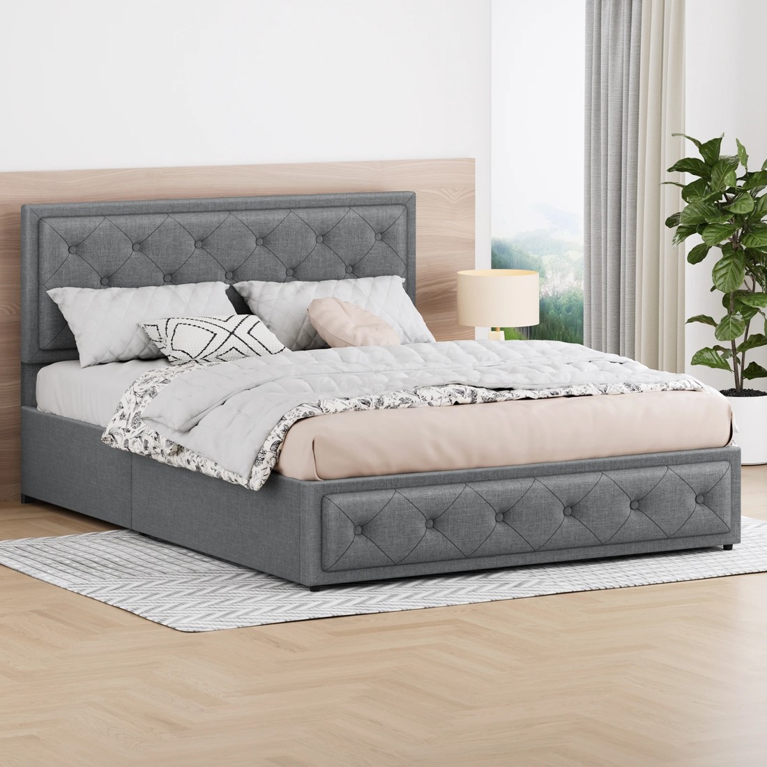2 Alfordson Bed Frame King Size Gas Lift Storage Mattress Base Fabric Dinana - Grey, 2 of 10