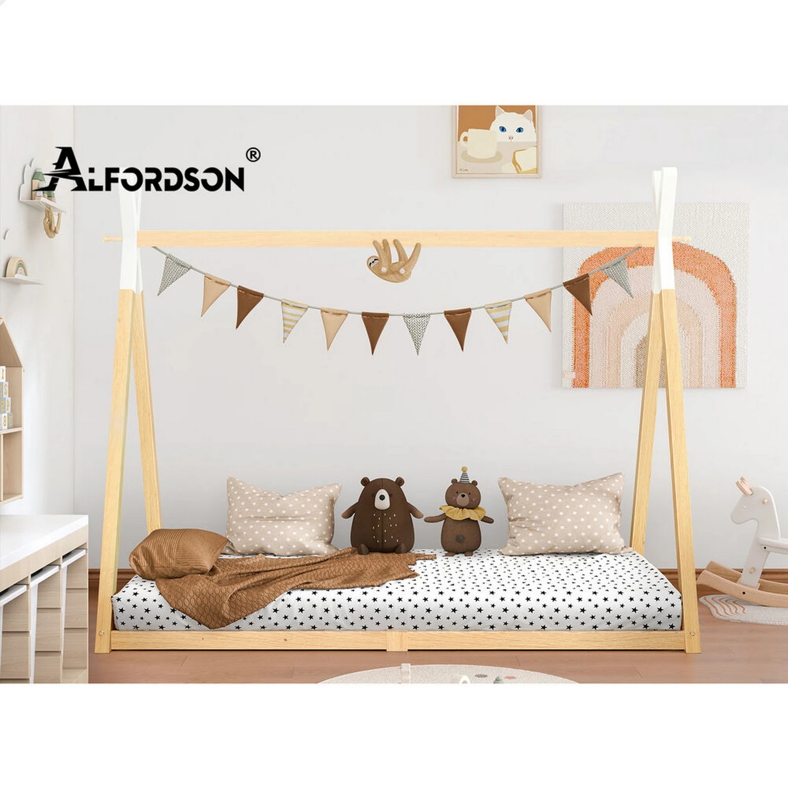 8 Alfordson Bed Frame Wooden Single Timber Teepee House Base Platform Taran - Natural, 8 of 10