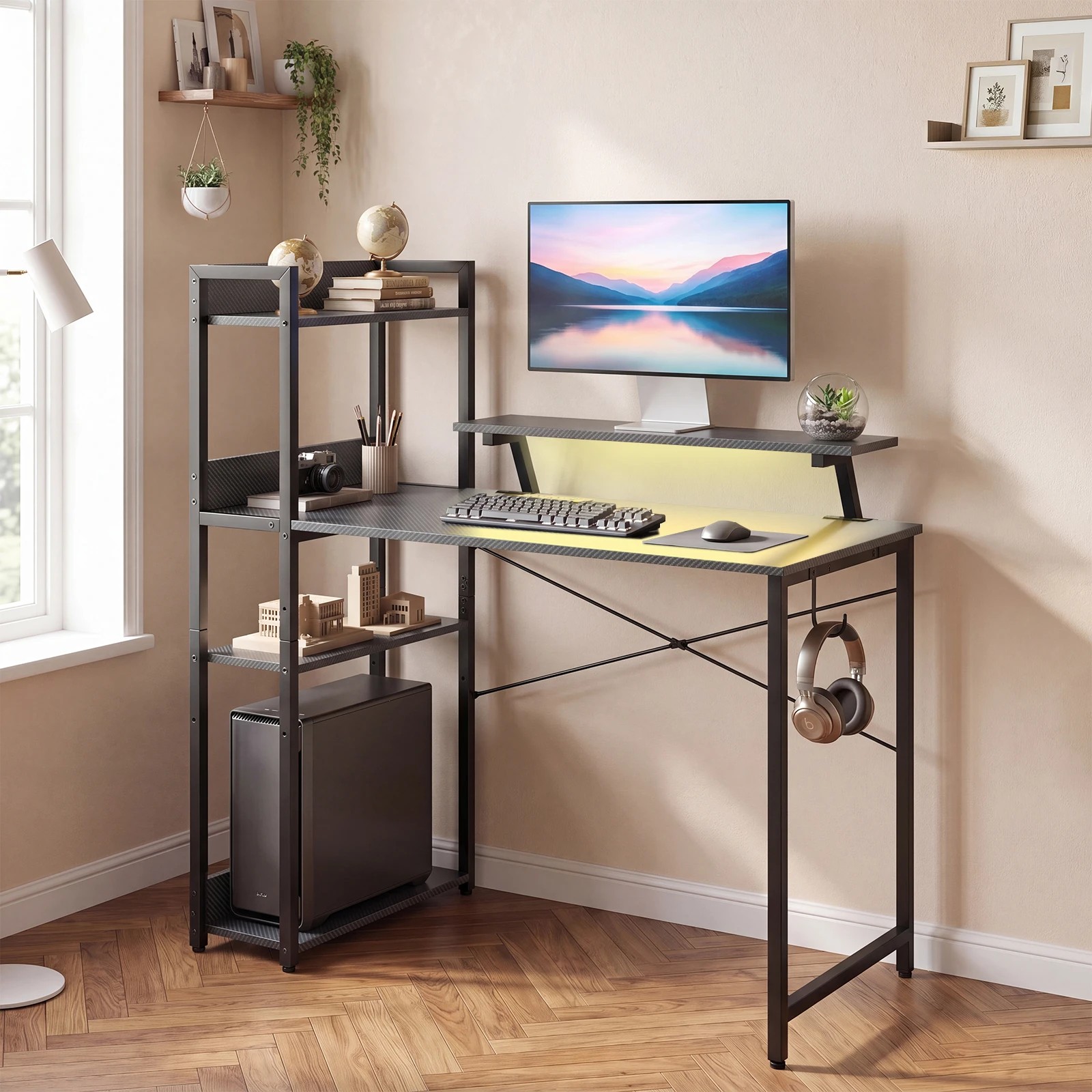 3 Costway Reversible Computer Desk w/LEDs & Charging Station Home Office Gaming Desk - Black, 3 of 5