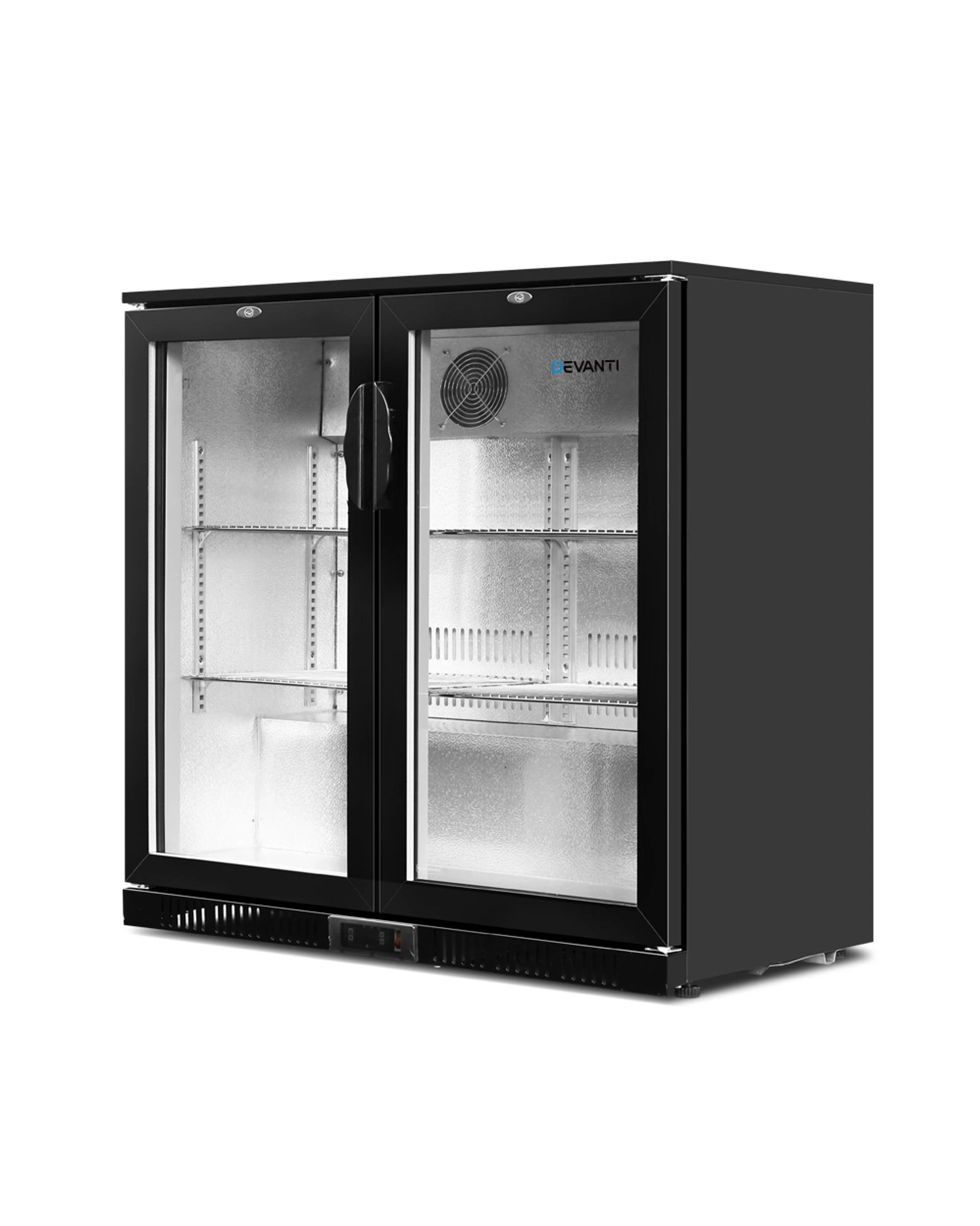 1 Devanti 198L Bar Fridge Dual Glass Door with Light Beverage Adjustable Shelves Quiet Lockable - Black, 1 of 7