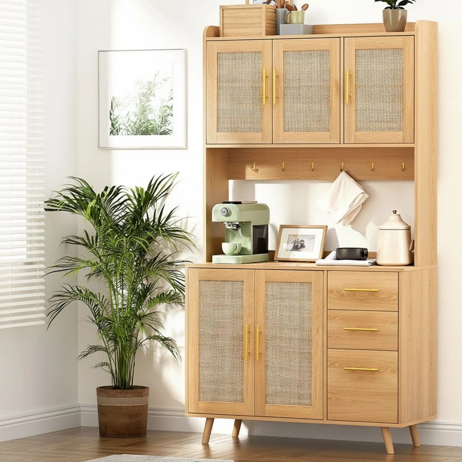 5 Artiss Buffet Sideboard Hutch Storage Cabinet Kitchen Cupboard Hooks Rattan - Natural, 5 of 5