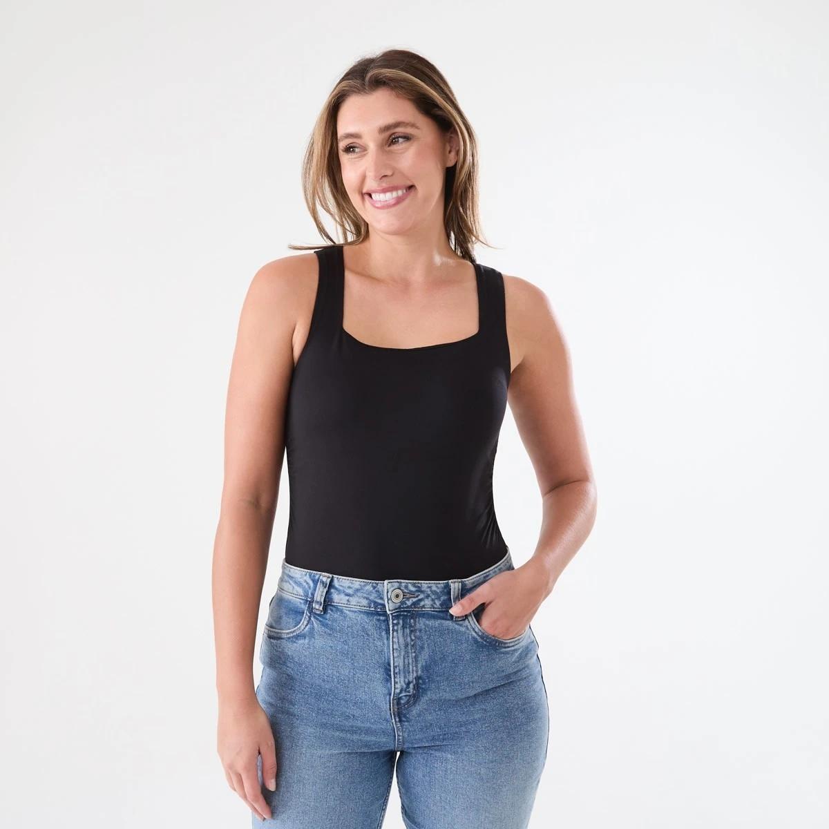 2 Sleeveless Straight Neck Bodysuit BLACK, 2 of 6