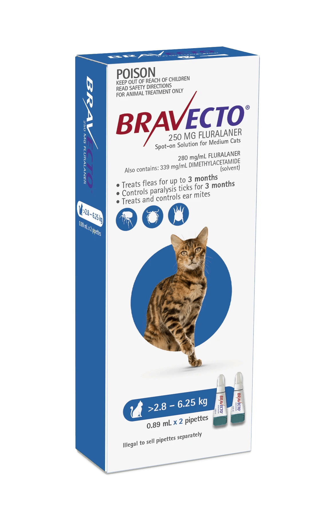 1 Bravecto Spot On For Cats Blue 2.8-6.25kg - 2 Pack, 1 of 2
