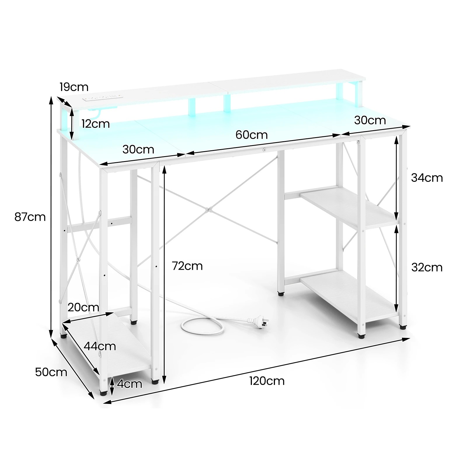 2 Costway 120cm Computer Desk w/Charging Station & LEDs Workstation Gaming Table - White, 2 of 5