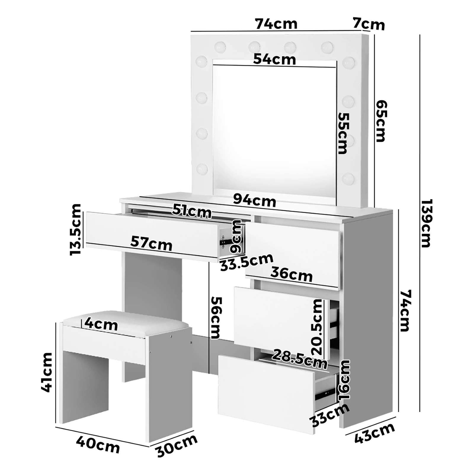 9 Oikiture Dressing Table Stool Set Makeup Desk Mirror Storage 12 Led Bulbs
 - White, 9 of 9