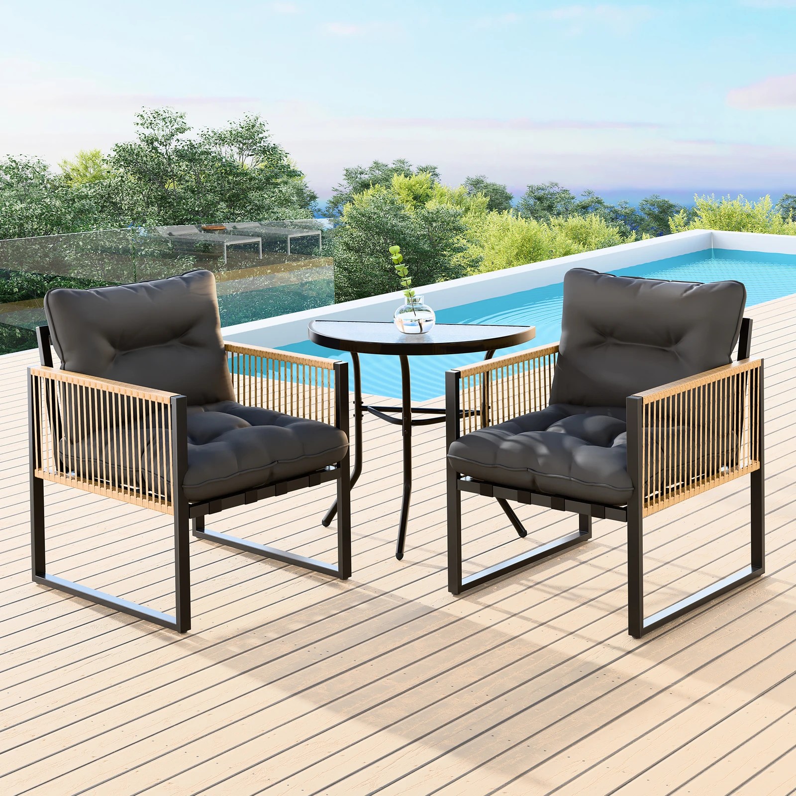 2 Alfordson Outdoor Dining Patio Furniture Bistro Set Table and Chairs Semicircle - Black Grey, 2 of 10