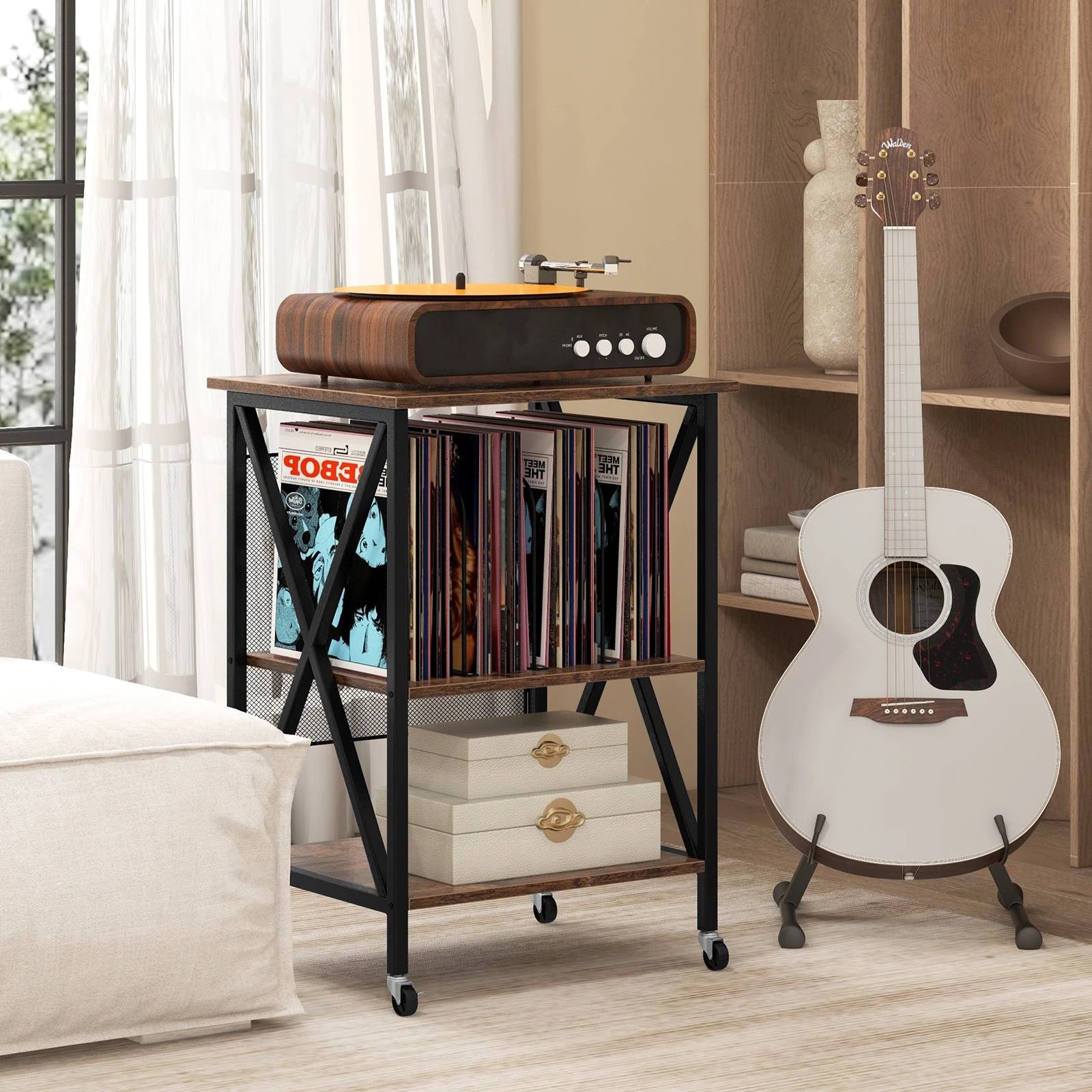 2 Costway Mobile Record Player Stand w/Charging Station 3-Tier Side End Table, 2 of 8