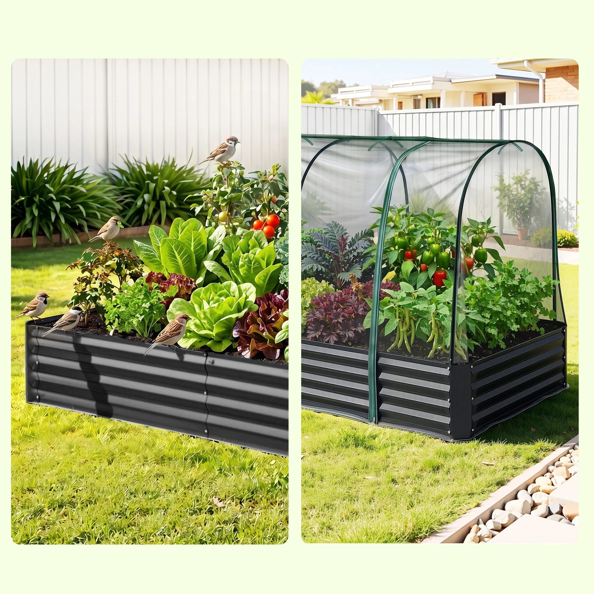 9 Green Fingers Raised Garden Bed with Mesh Netting Galvanised Planter Box Bird Proof 180x90x120cm - Black, 9 of 9