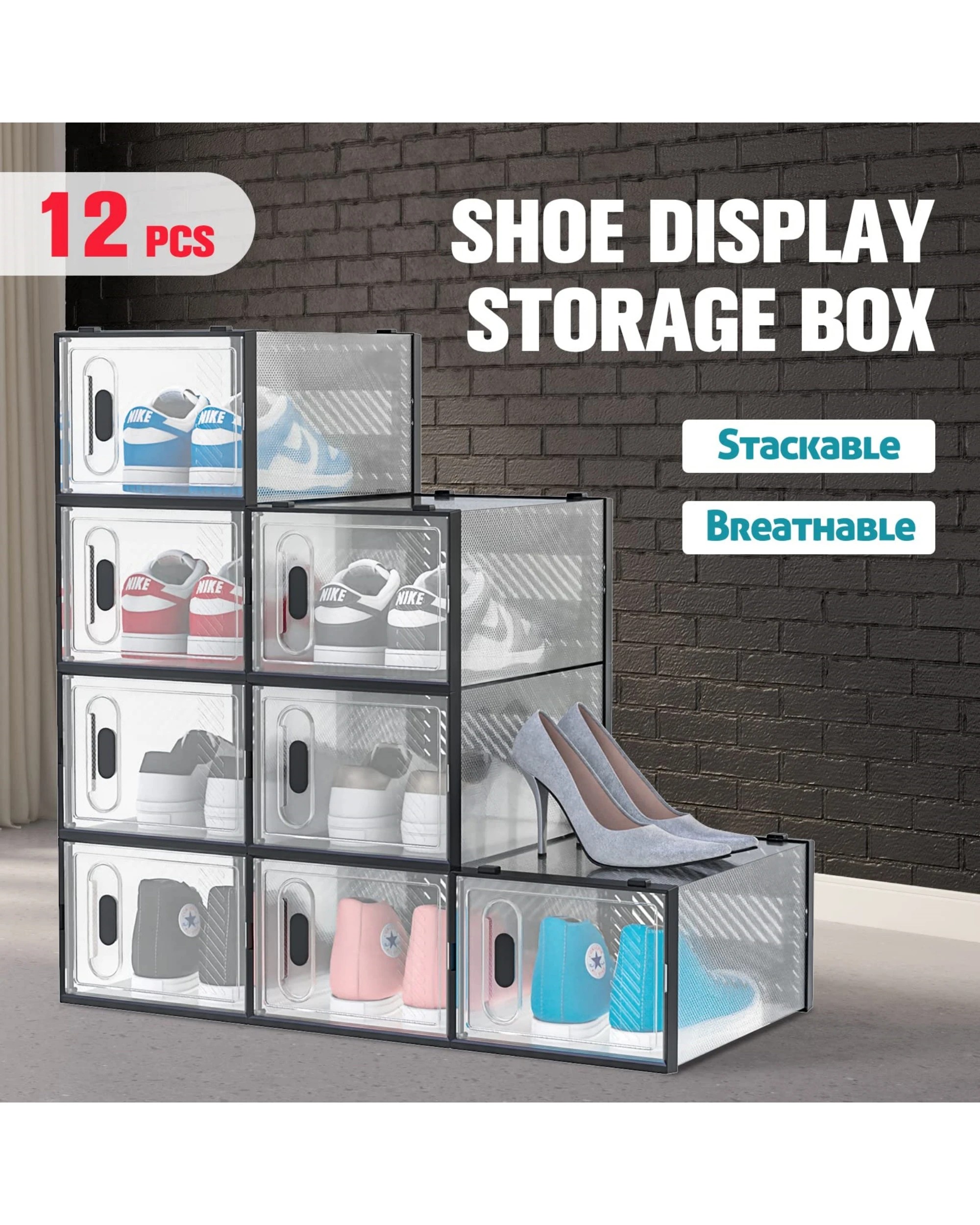 8 Advwin 12Pcs Clear Shoe Storage Case Display Box Stackable Sneaker Rack Black, 8 of 8