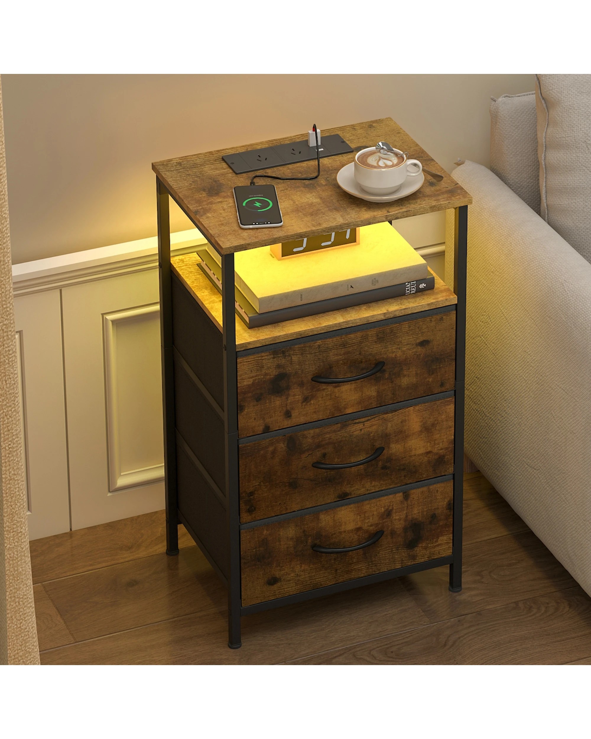 4 Advwin LED Bedside Table With Charging Station 3 Fabric Drawers Nightstand - Brown, 4 of 8