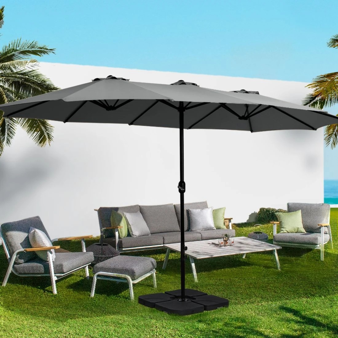 3 Instahut 4.57m Outdoor Umbrella w/Base Stand Beach Pole Garden Tilt - Grey, 3 of 5