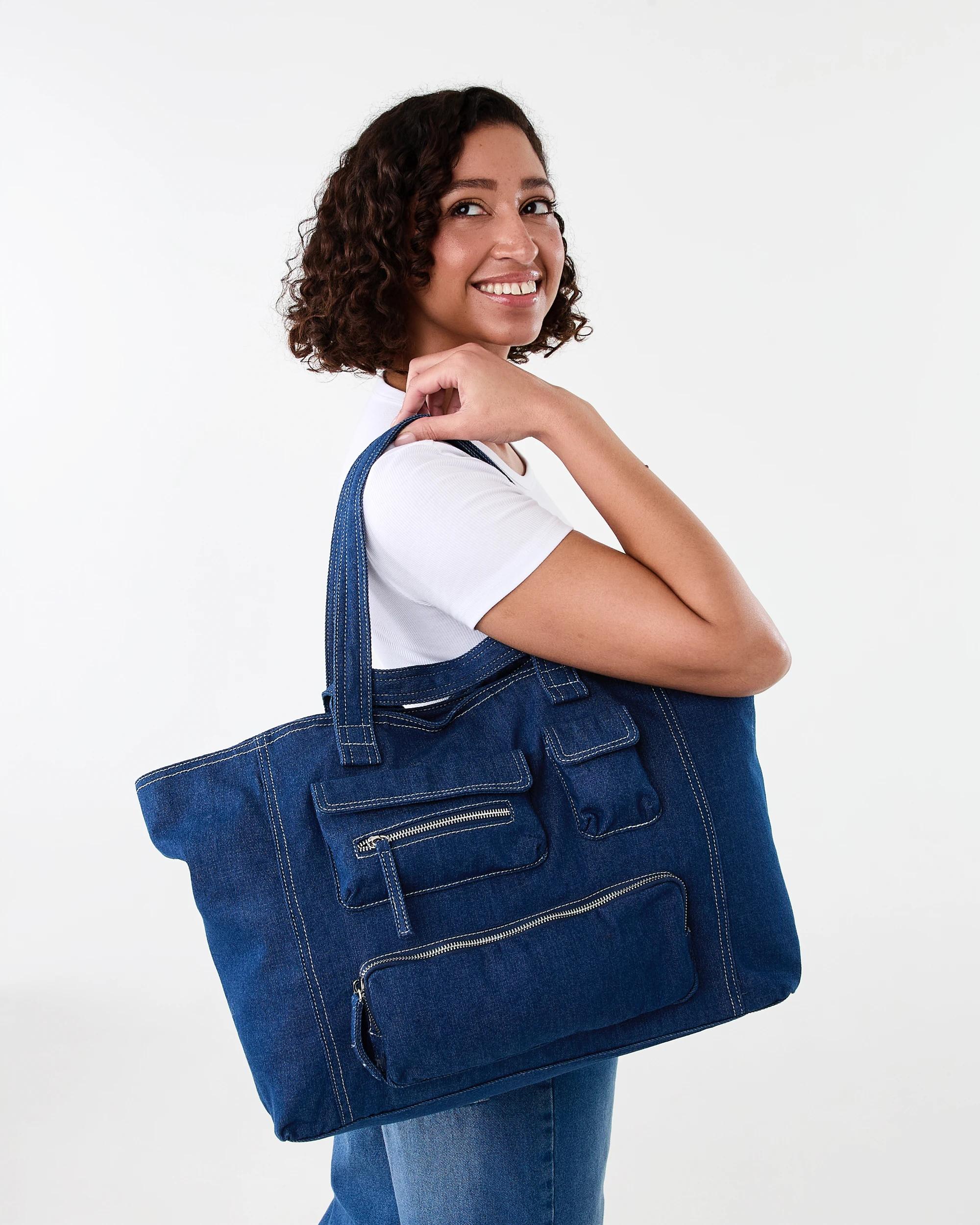 6 Casual Pocket Tote Bag Blue, 6 of 7