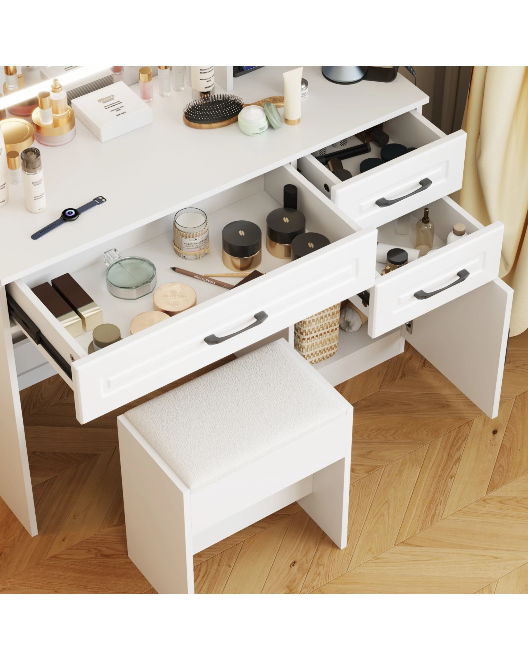 8 Advwin Dressing Table Stool Set Charging Station Led Mirror, 8 of 10