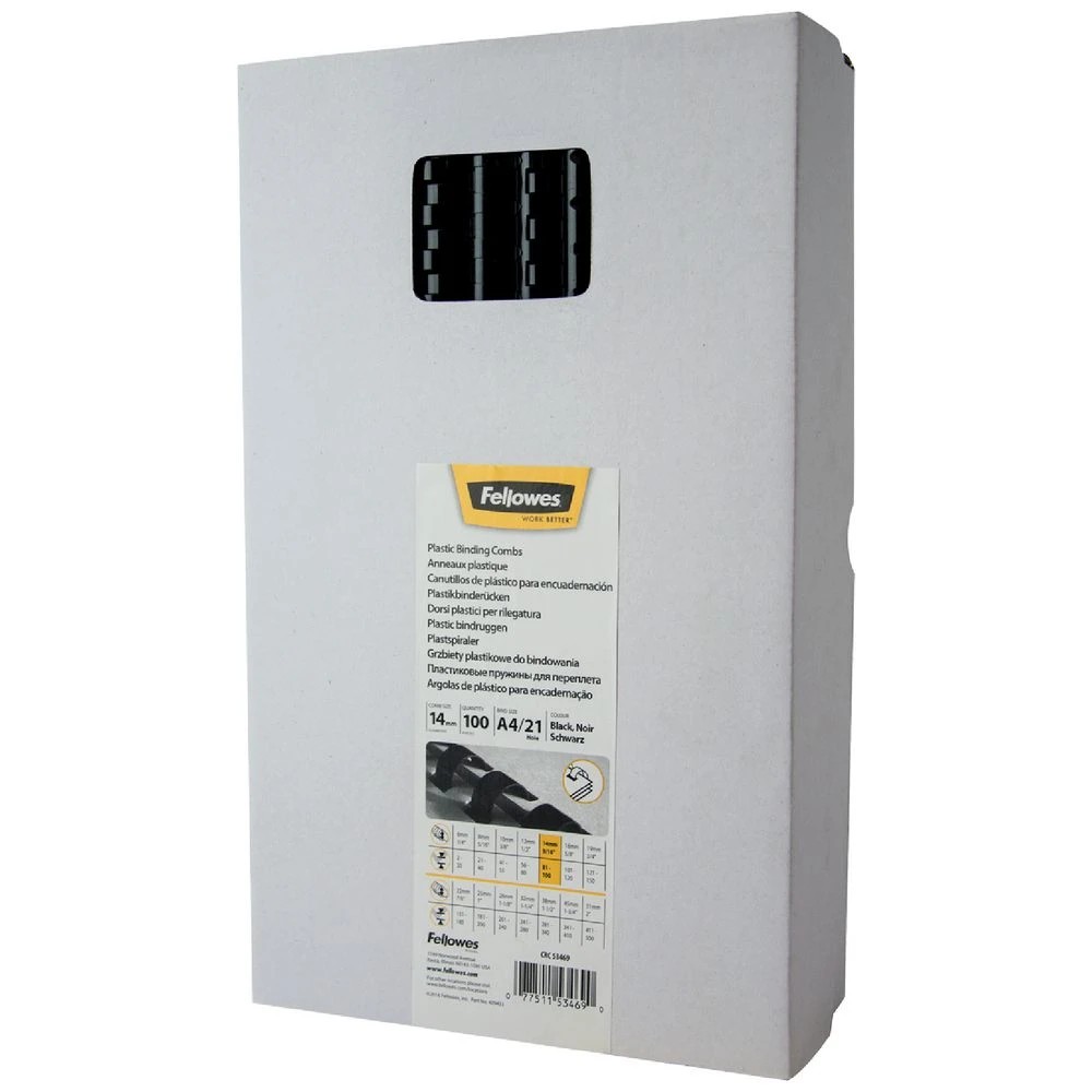 1 Fellowes Binding Combs 21 Loop 14mm Black 100 Pack, 1 of 4