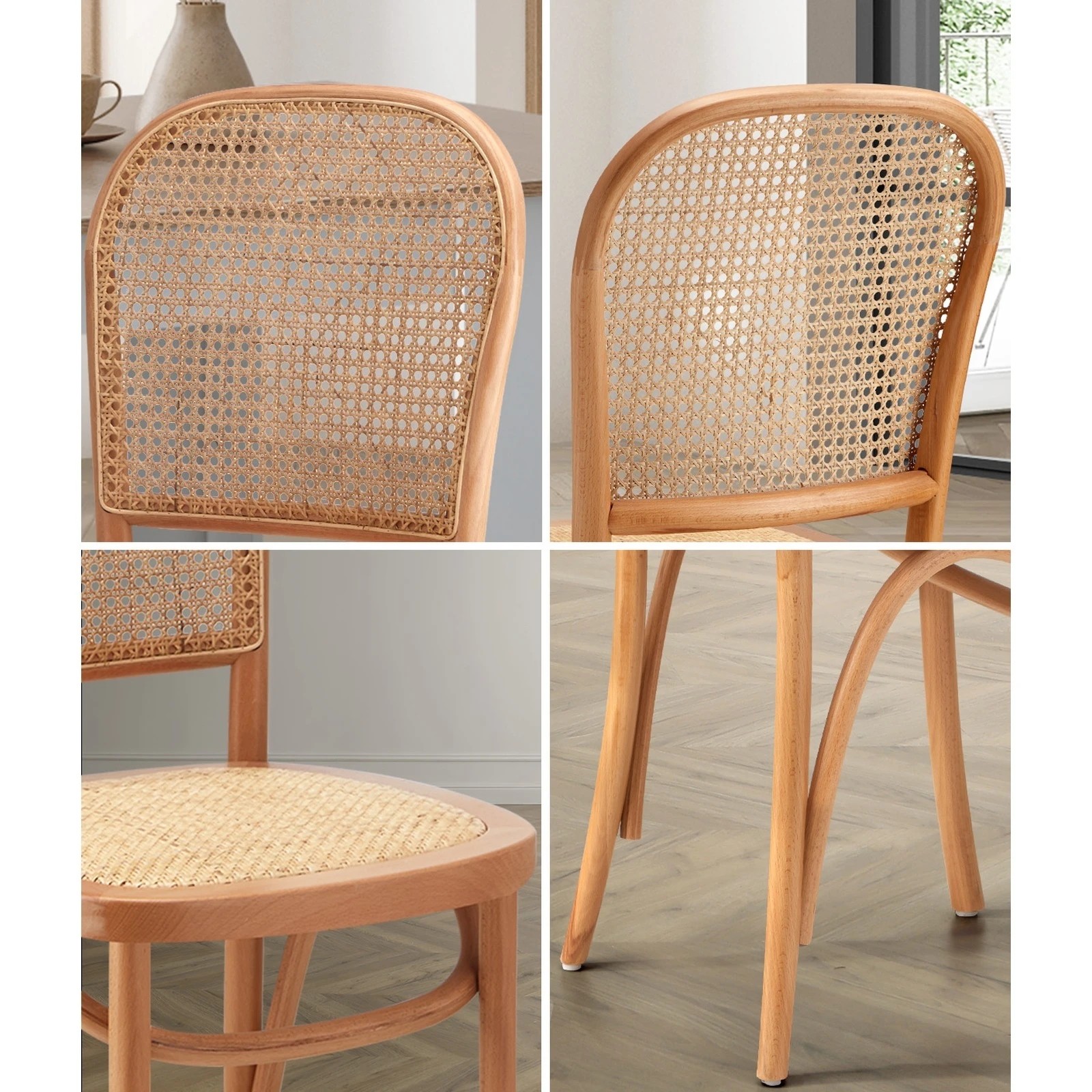 4 Oikiture 2pcs Dining Chairs Wooden Chairs Rattan Accent Chair
 - Beige, 4 of 10