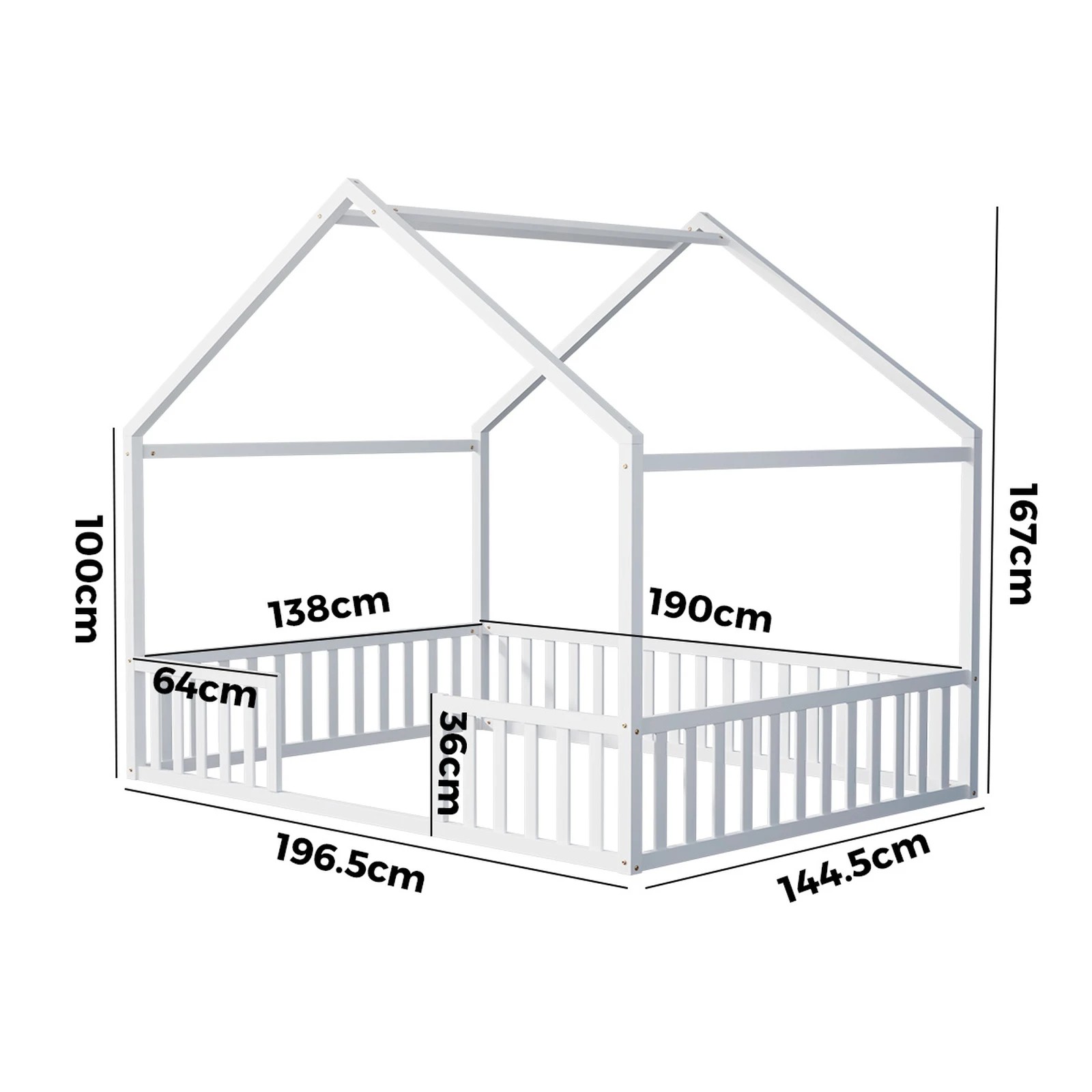 2 Oikiture Double House Bed Kids Wooden Bed Frame - White, 2 of 10