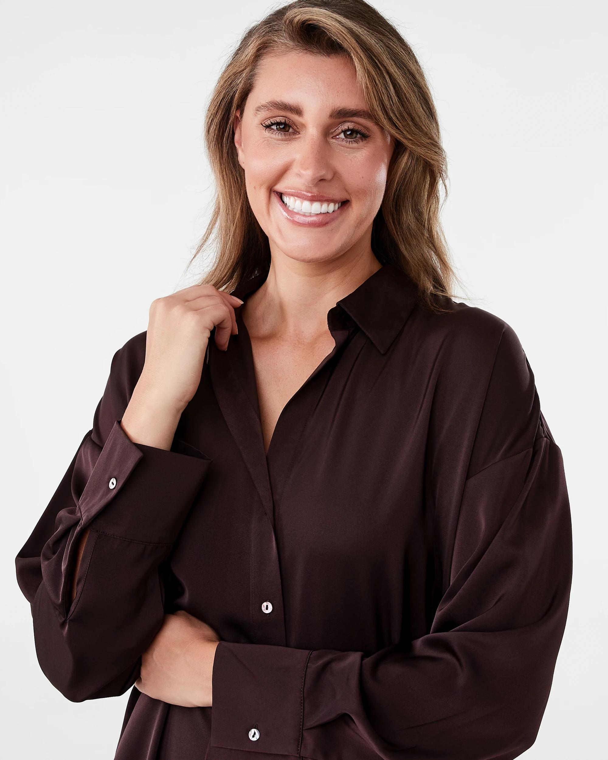 6 Long Sleeve Oversized Satin Shirt Choc Plum, 6 of 10