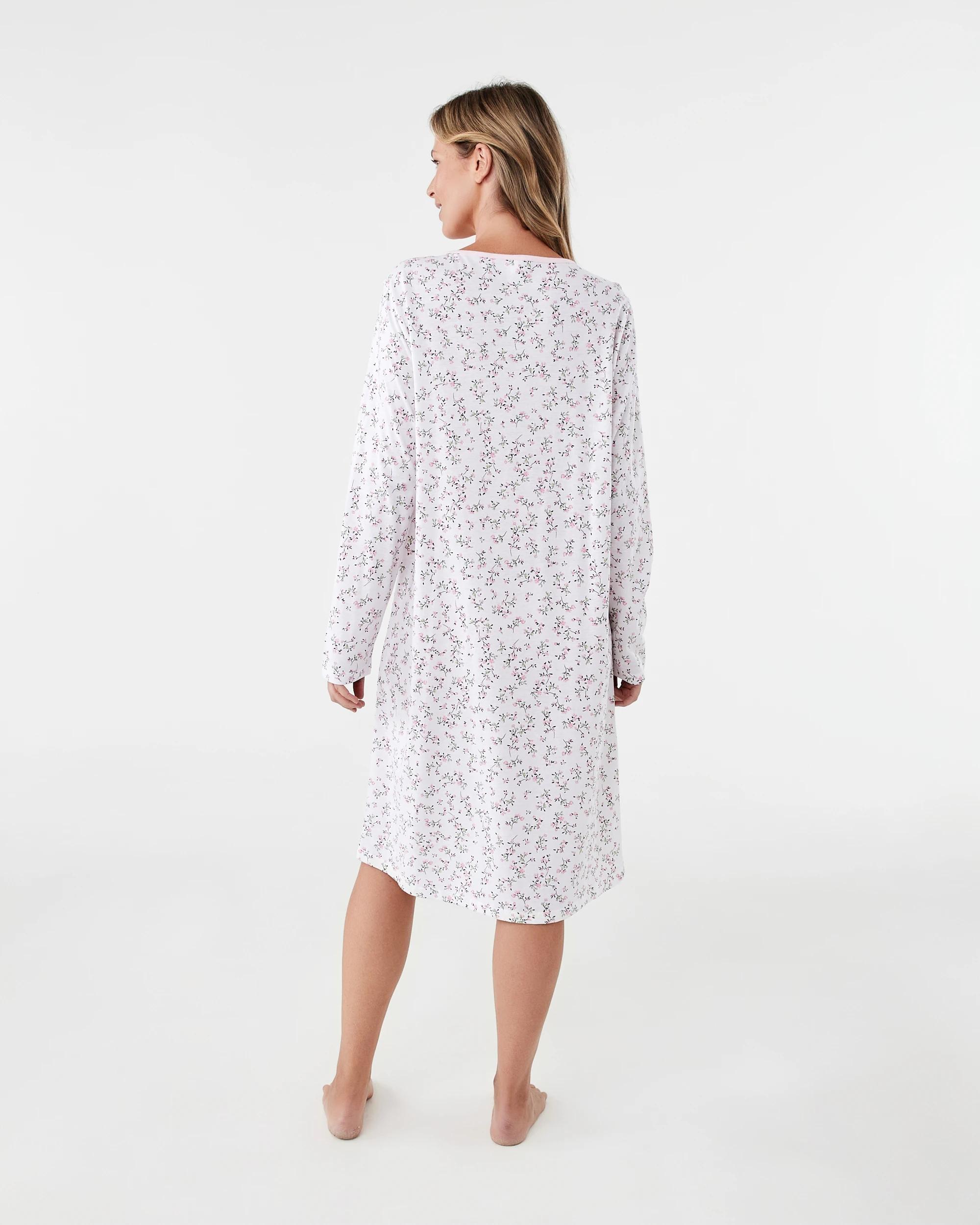 3 Cotton Blend Long Sleeve Traditional Nightie Pink Sprig, 3 of 5