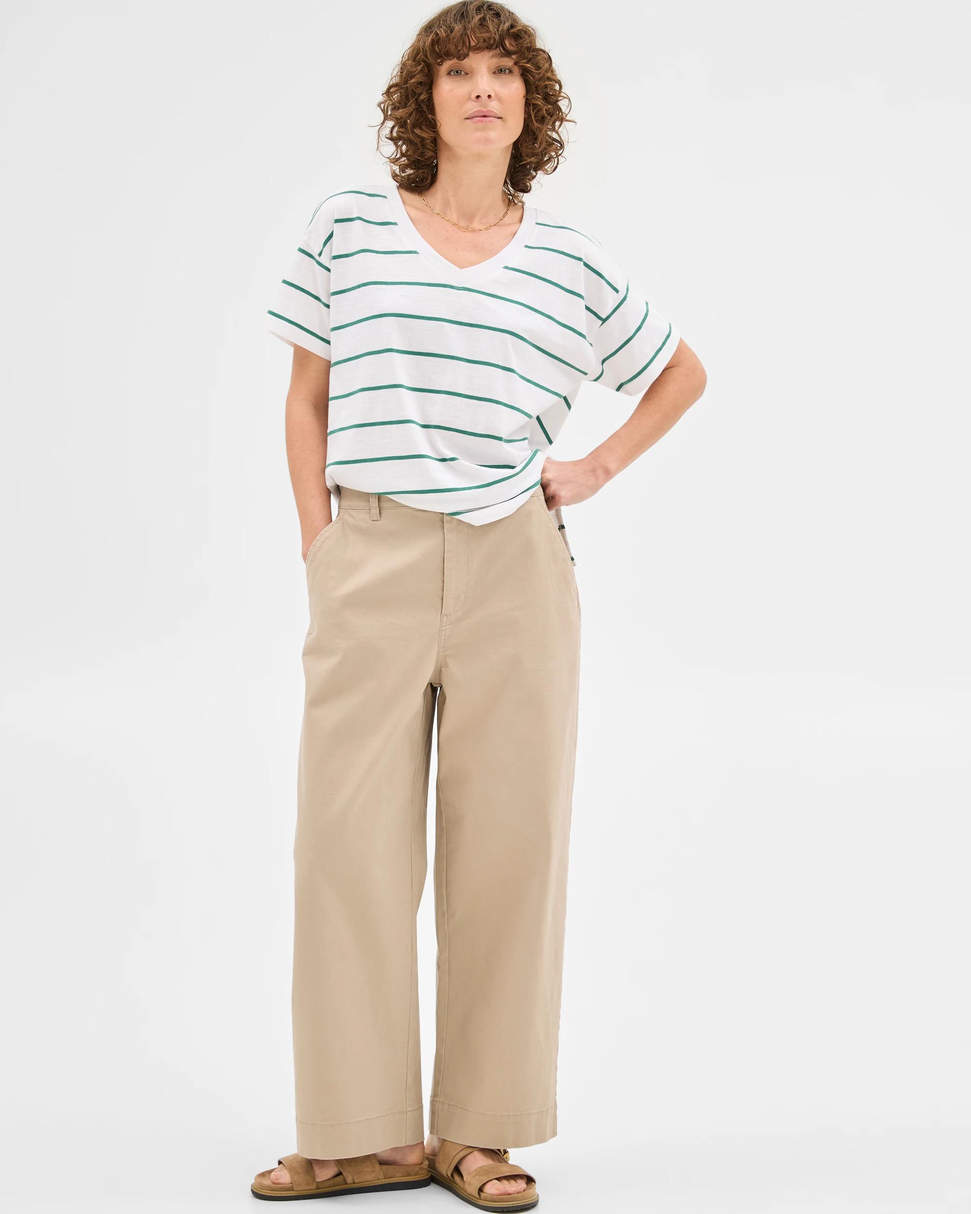 3 Target Australian Cotton Relaxed Slub V-Neck T-Shirt White/lush Green Stripe, 3 of 6