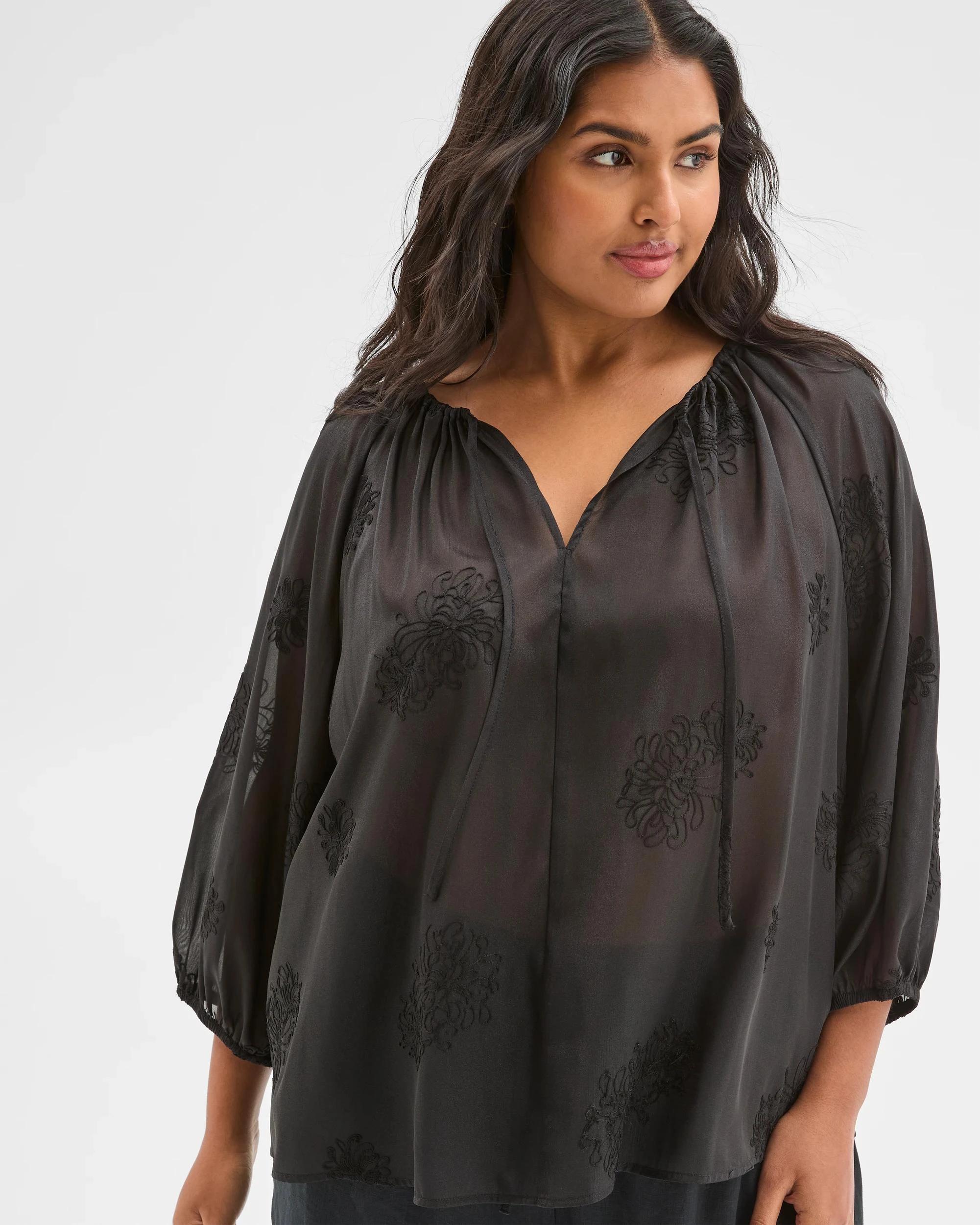 5 Target Plus Size 3/4 Sleeve Applique Detail Blouse BLACK, 5 of 7
