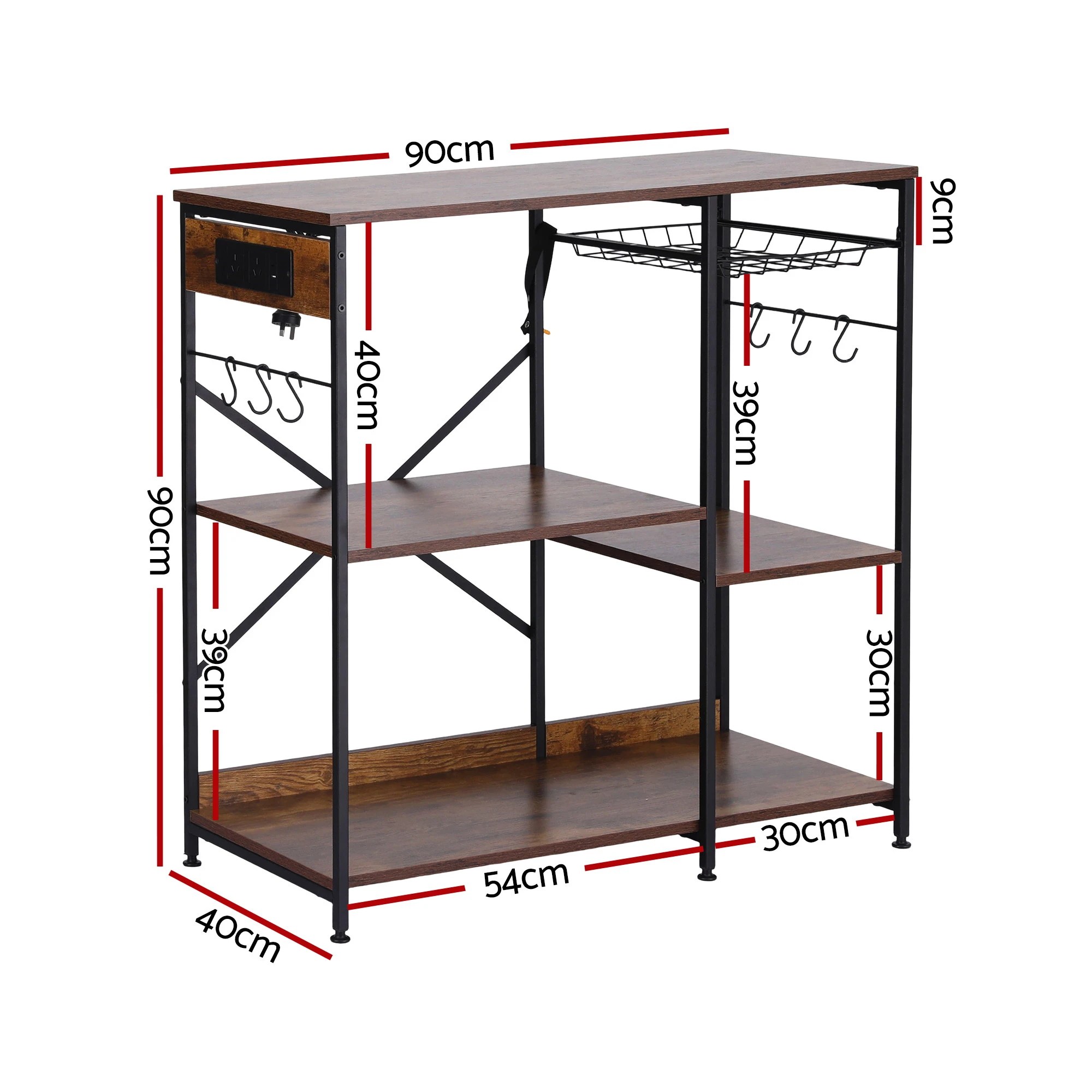 2 Artiss 3-Tier Kitchen Bakers Rack with 2 Power Outlets Microwave Stand 6 Hooks 90CM - Brown, 2 of 9
