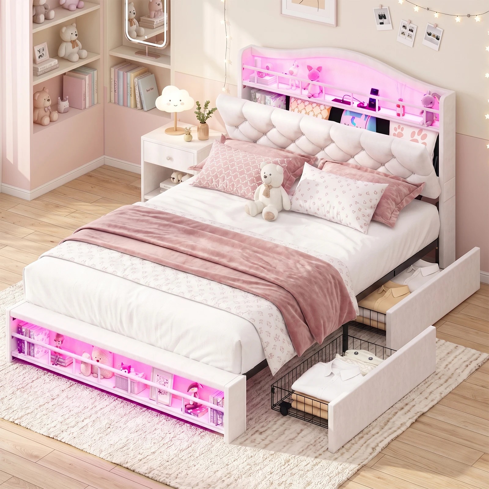 8 Advwin Double Size Velvet Princess Bed Frame with LED Lights, Charging Station & 4 Drawers - Beige, 8 of 8