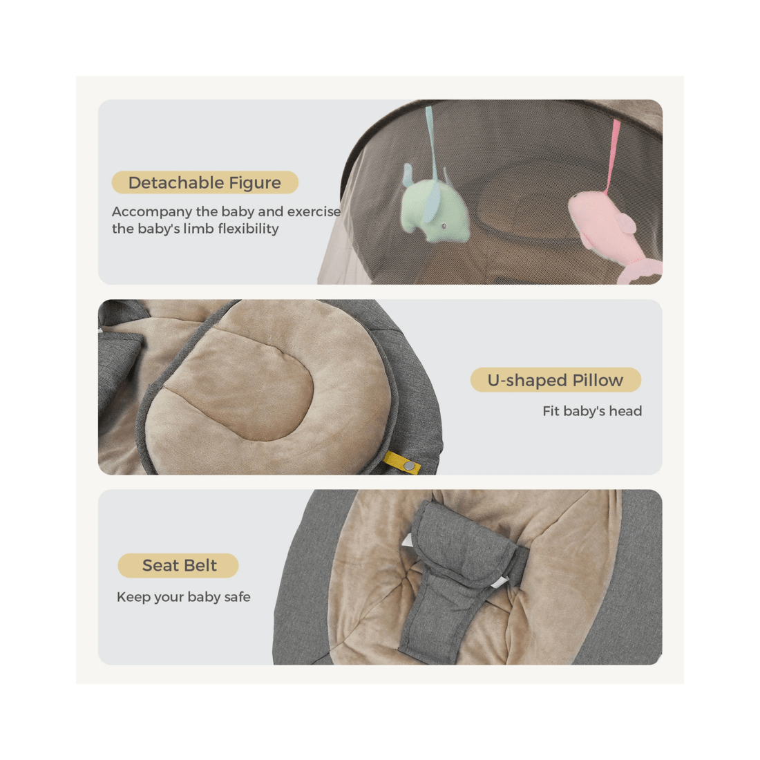 6 Advwin Electric Baby Swing Baby Bouncer Rocker W/ Mosquito Net Toddler Seat Soft Peachskin Grey, 6 of 9