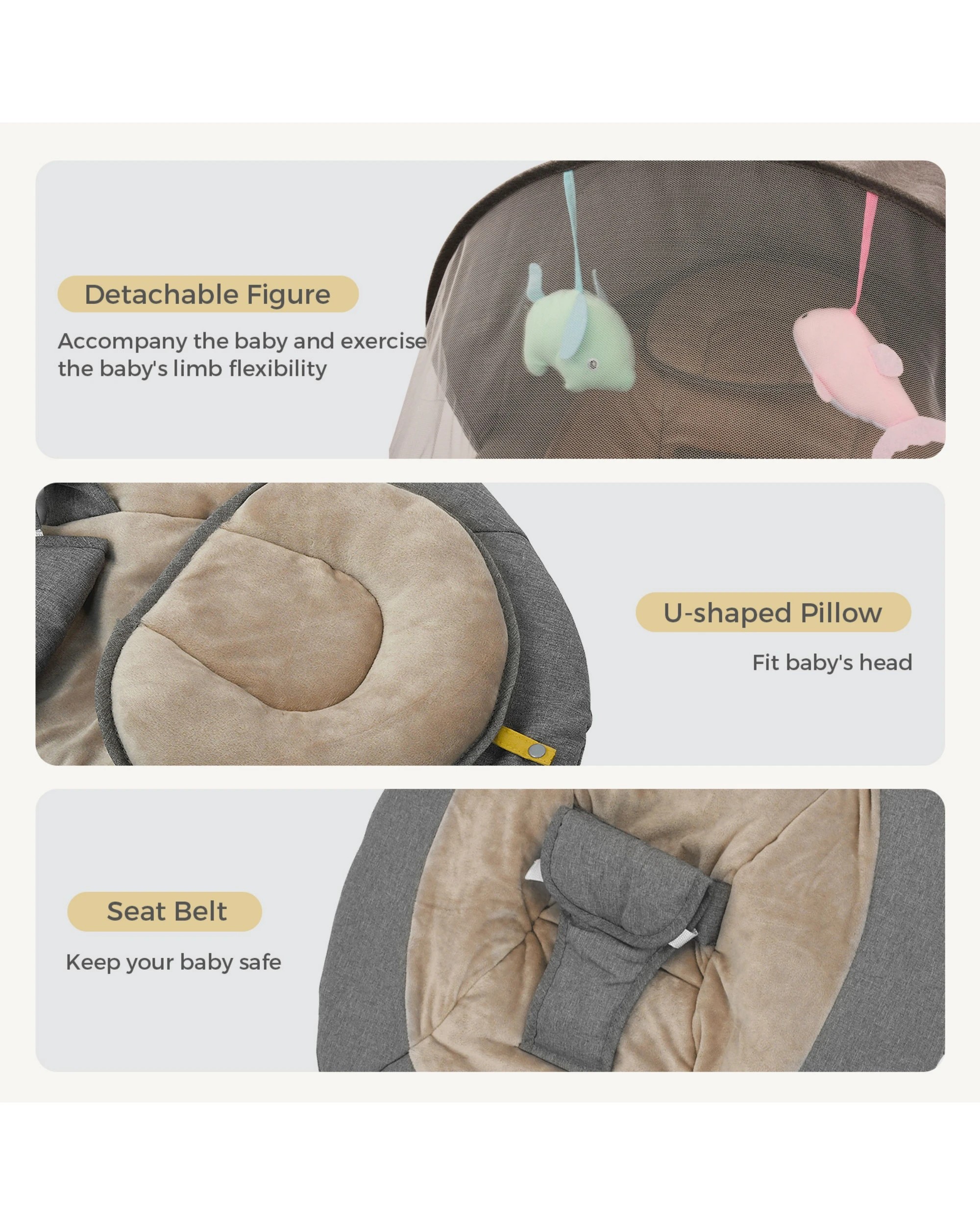 6 Advwin Electric Baby Swing Baby Bouncer Rocker w/ Mosquito Net Toddler Seat Soft Peachskin Grey, 6 of 9