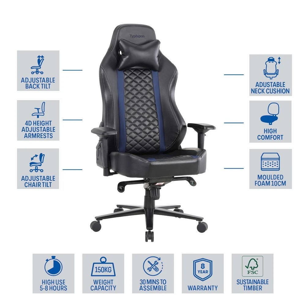 2 Typhoon Prime Gaming Chair Blue Ergonomic Chairs and Desk Chairs, 2 of 10