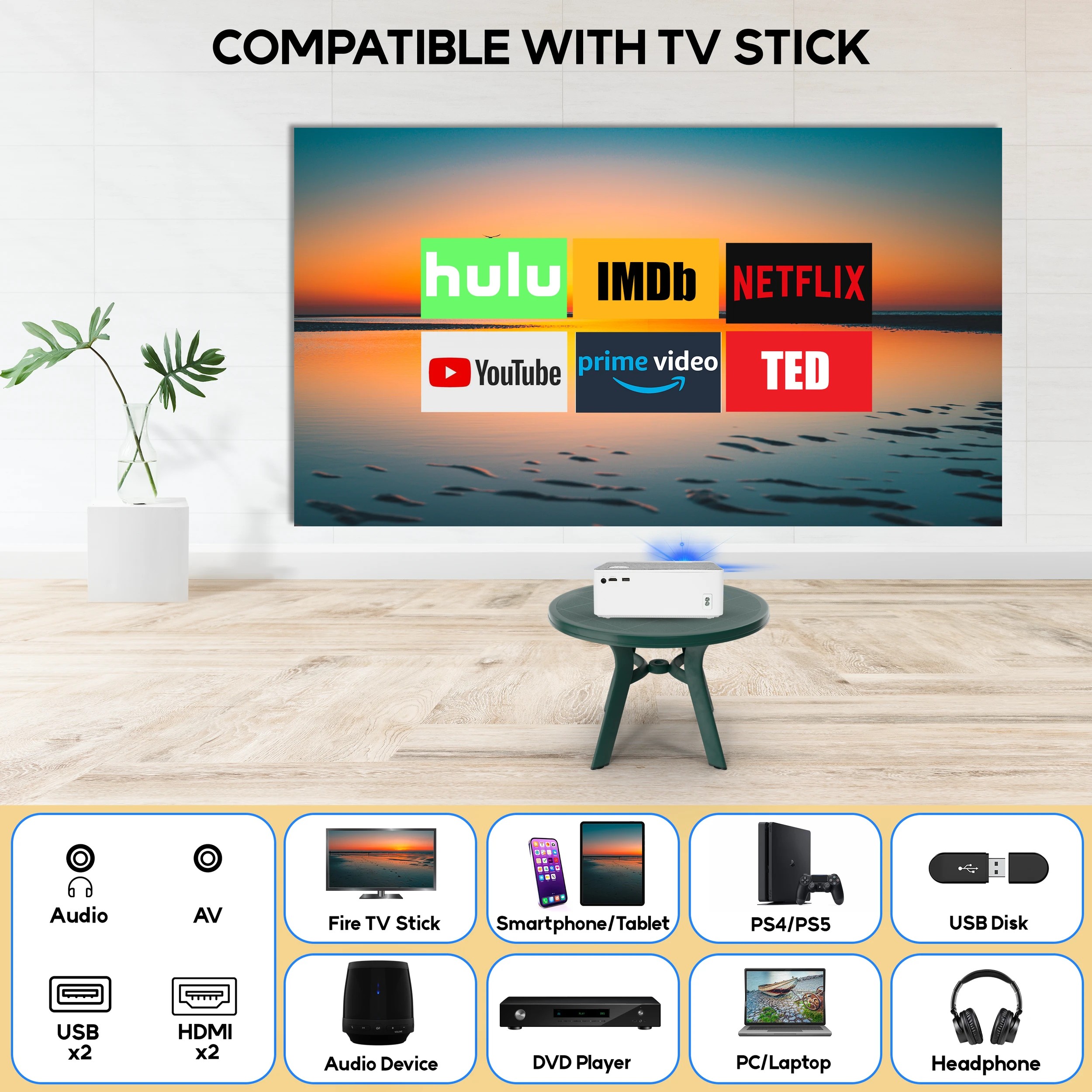 3 Alliums Projector Portable 1080p Full HD Resolution with 2.4G+5G Wi-Fi & Bluetooth, 300''  Screen - White, 3 of 3
