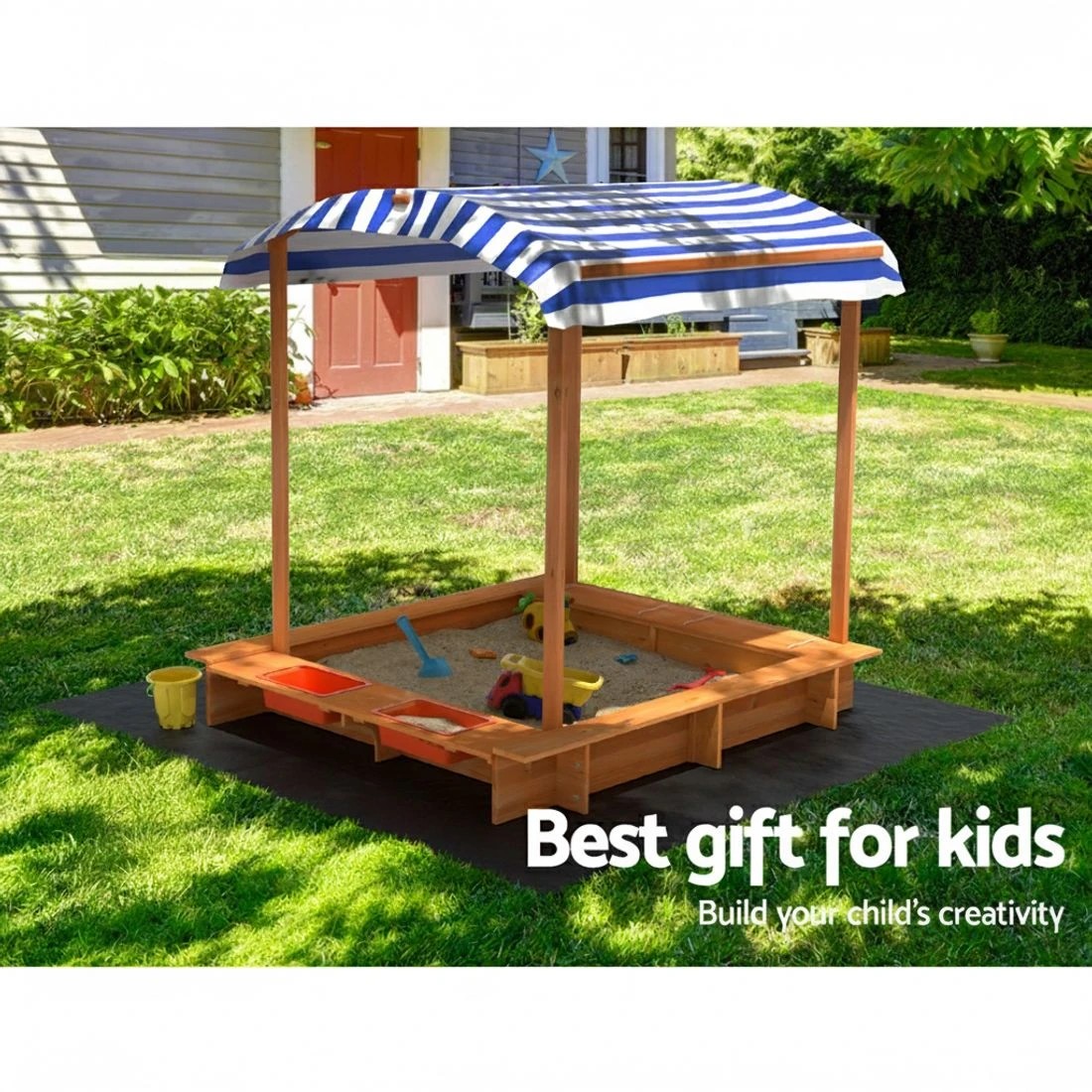 4 Keezi Kids Sandpit Wooden Sandbox Pit with Canopy Water Basin Toys 149cm - Multi, 4 of 6