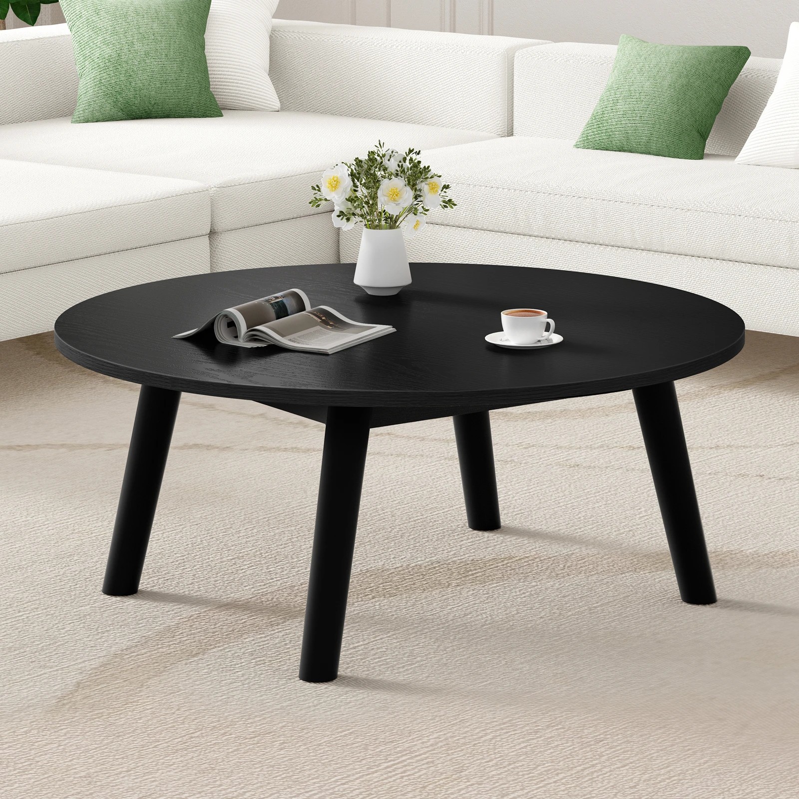 2 Alfordson Coffee Table Modern Round Table Sturdy Wooden Legs Living Room - Black, 2 of 10