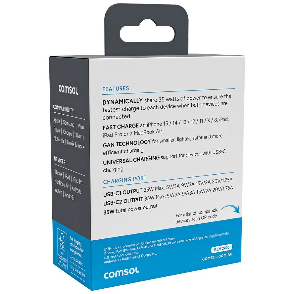 3 Comsol 35W Dual USB-C Wall Charger White, 3 of 5