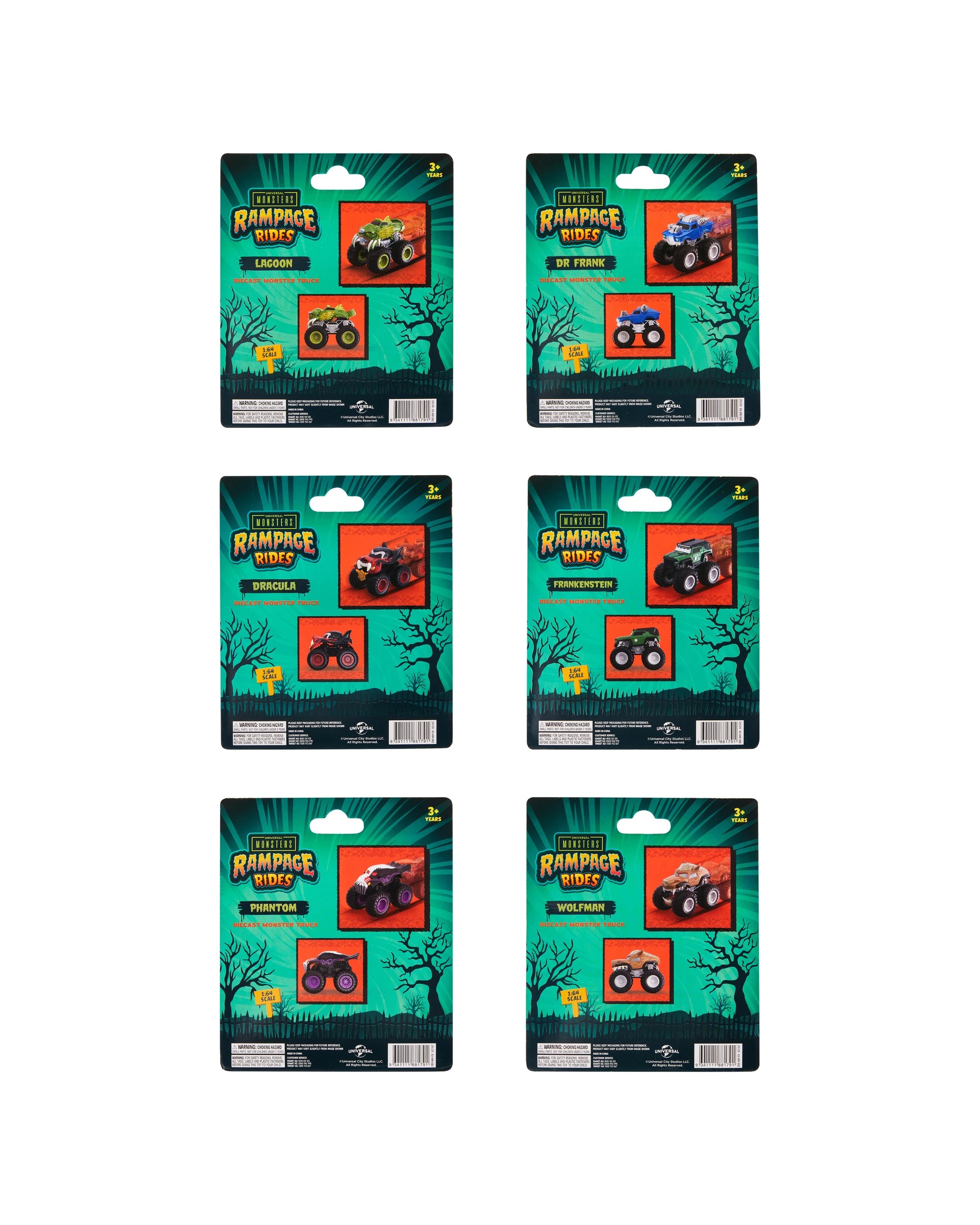 6 Universal Monster Rampage Rides 1:64 Die Cast Monster Truck - Assorted, 6 of 6