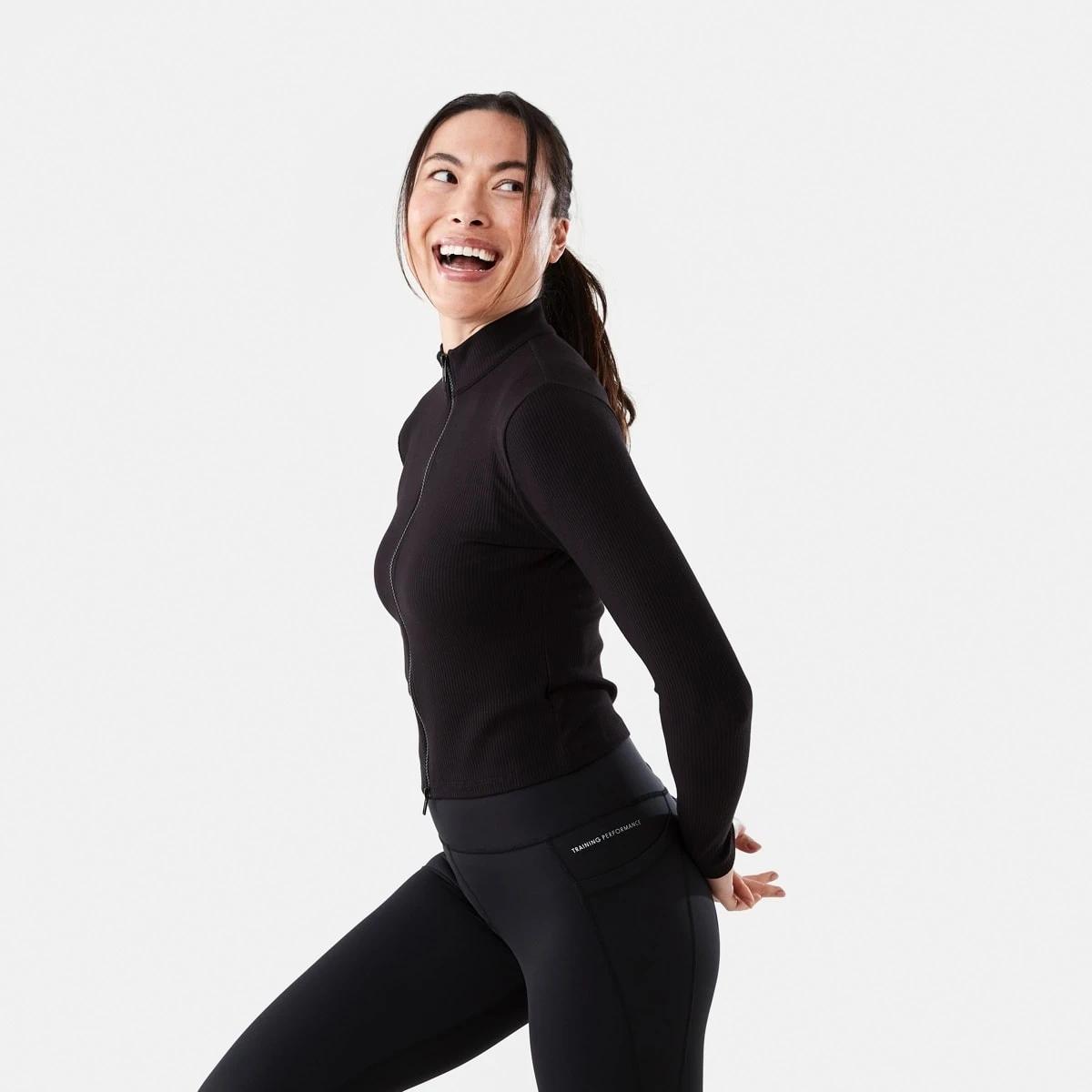 3 Active Womens Ribbed Zip Through Long Sleeve Top Black, 3 of 7