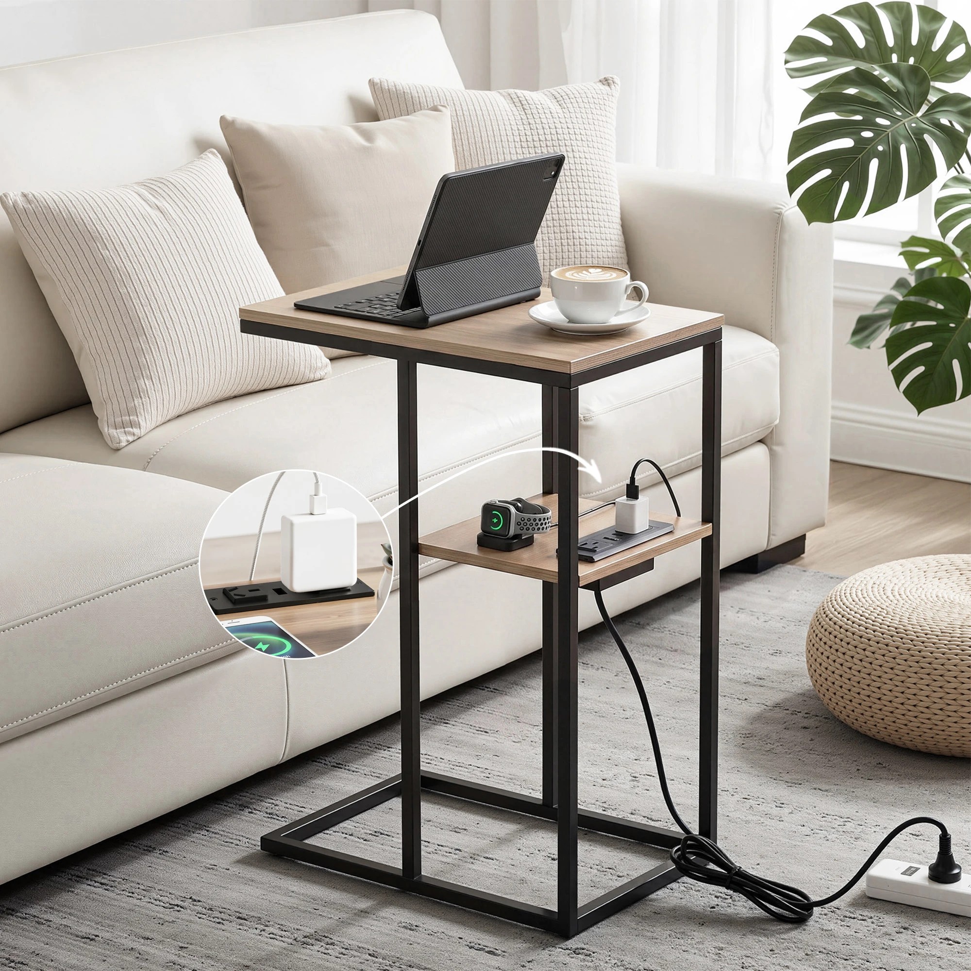 2 Artiss C-Shaped End Table Charging Station 2-Tier Smart Side Coffee Table Bedside Wood - Black, 2 of 8