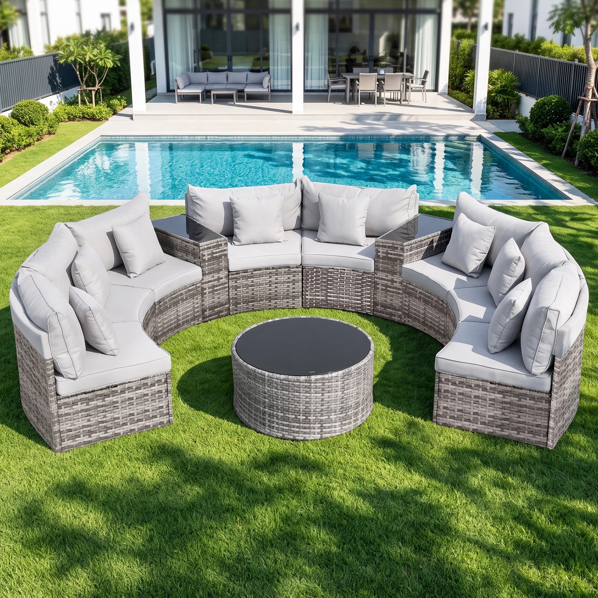 2 Gardeon 8 Seater Outdoor Sofa Set 11PCS Round Table Chair Set Garden Rattan Patio Furniture - Grey, 2 of 7