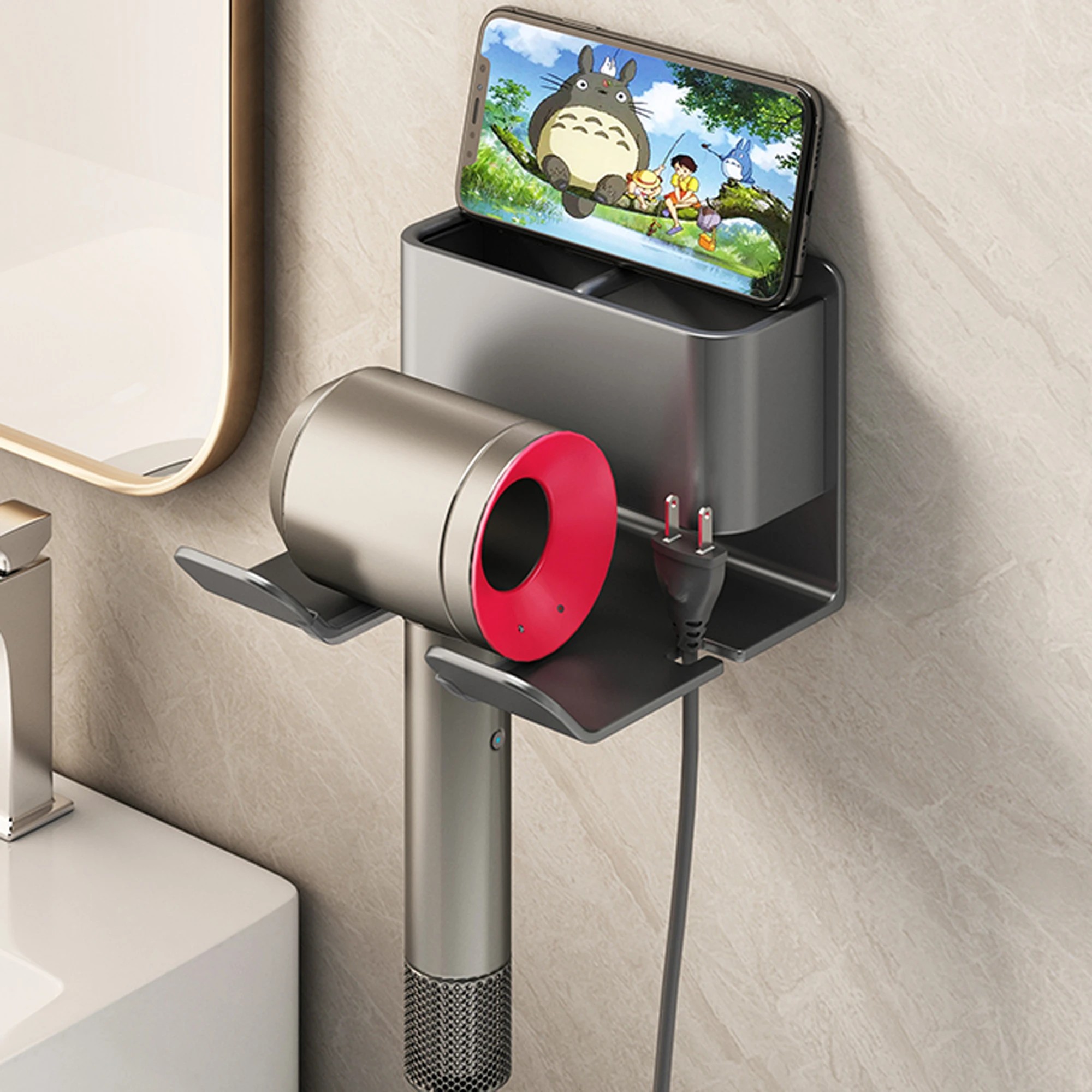 4 TODO Hair Dryer Holder Caddy Aluminium Alloy Bathroom Storage Shelf Rust Free Wall Mounted - Carbon Grey - Grey, 4 of 5