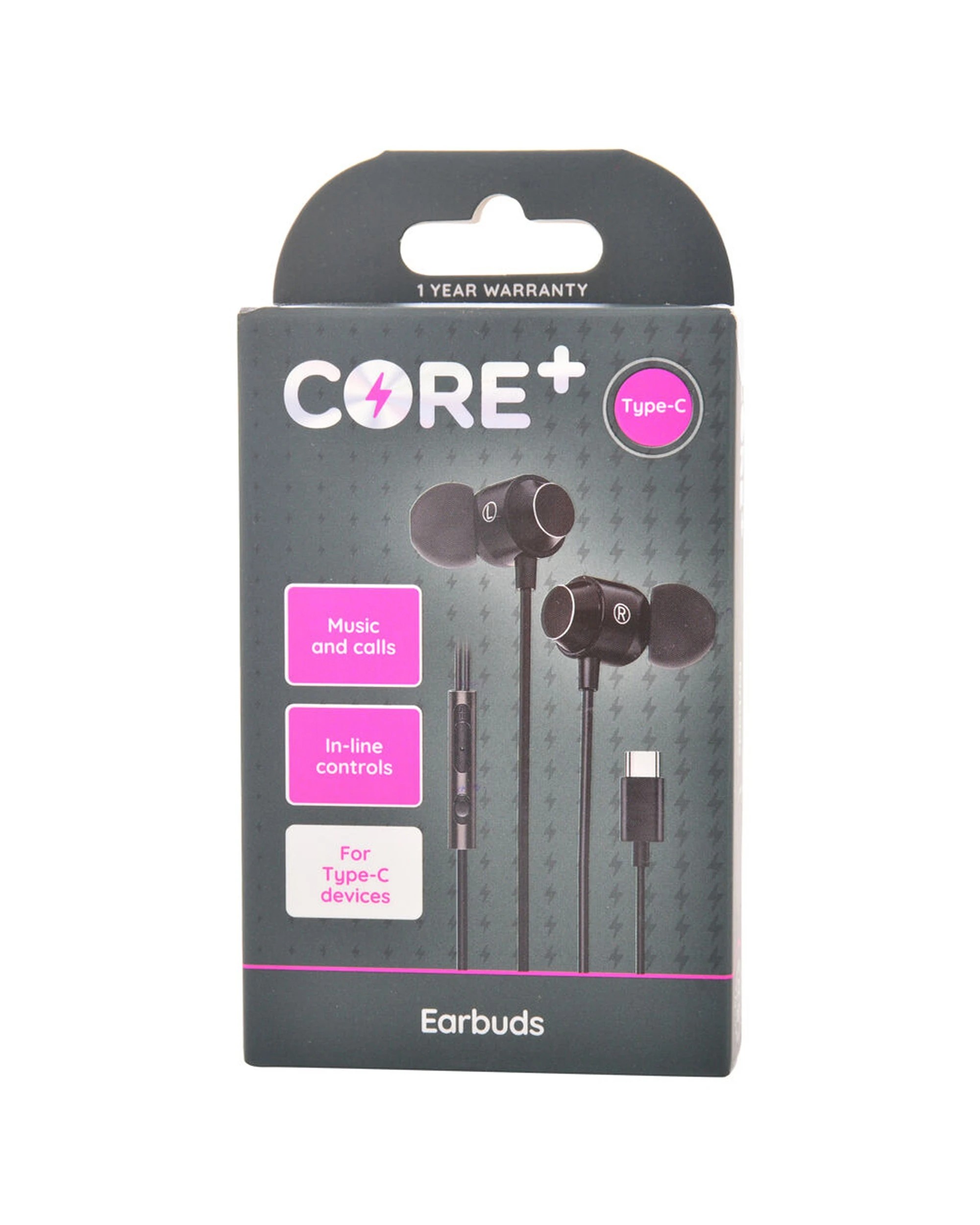 1 CORE Type-C In-Ear Earphones Wired With Mic 1.2m Cable Inline Controls
 - black, 1 of 3