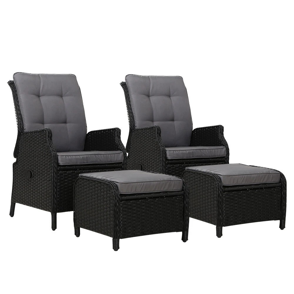 1 Gardeon 2PC Recliner Chair Sun lounge Wicker Lounger Outdoor Furniture - Black, 1 of 8
