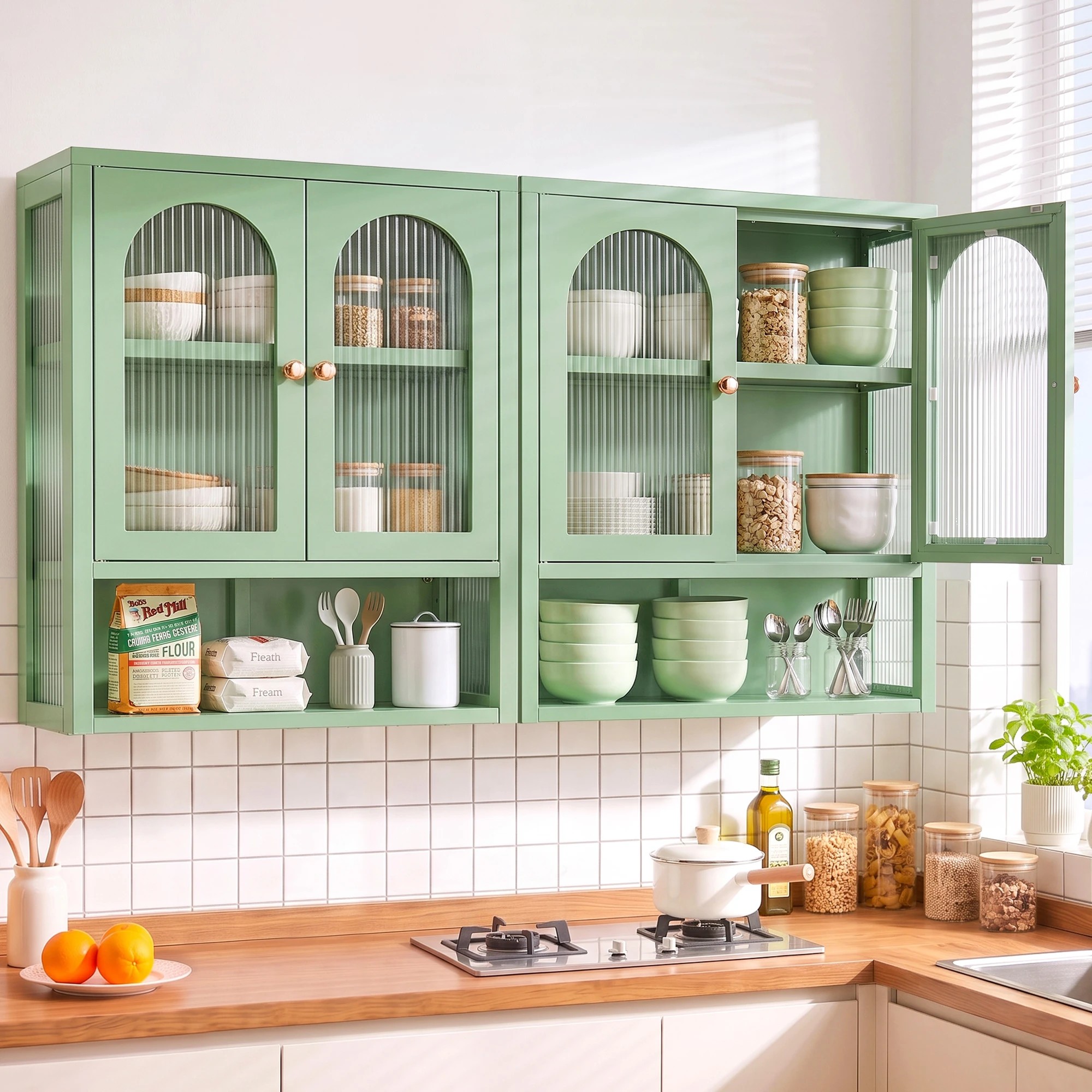 10 Artiss Buffet Cabinet Sideboards X2 Wall Mounted Fluted - Green, 10 of 10