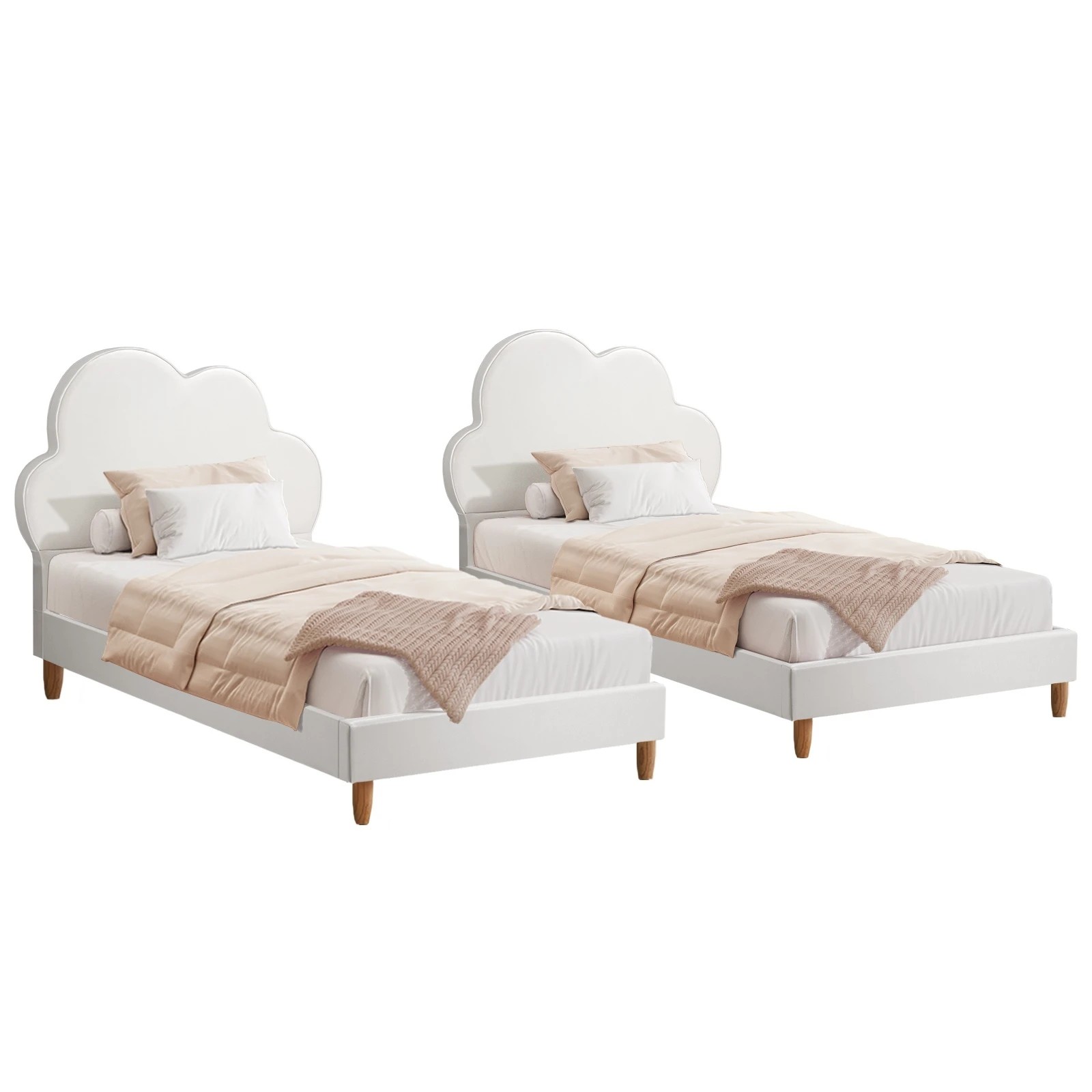 1 Oikiture Bed Frame 2X Single Size Cloud Kids Bed Frame PU Leather - White, 1 of 9