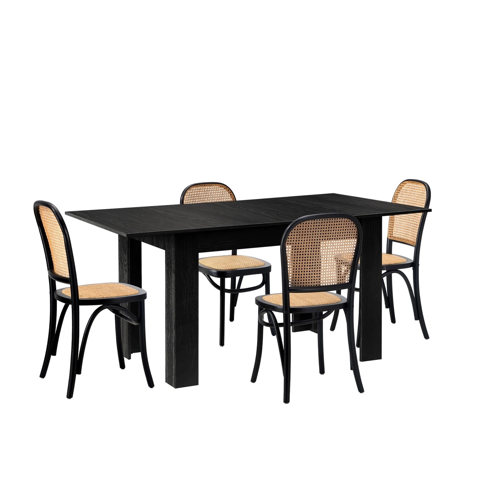 7 Oikiture 160cm Extendable Dining Table with 4PCS Dining Chairs Rattan - Black, 7 of 9