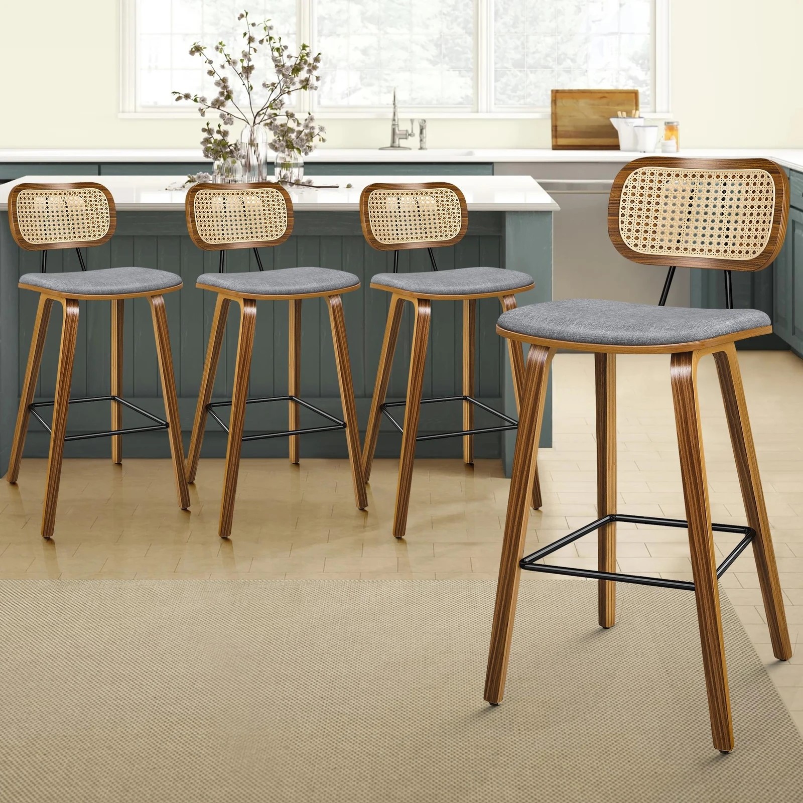 9 Alfordson 4x Bar Stools Kitchen Vintage Fabric Seat Rattan Chair Wooden - Grey, 9 of 9