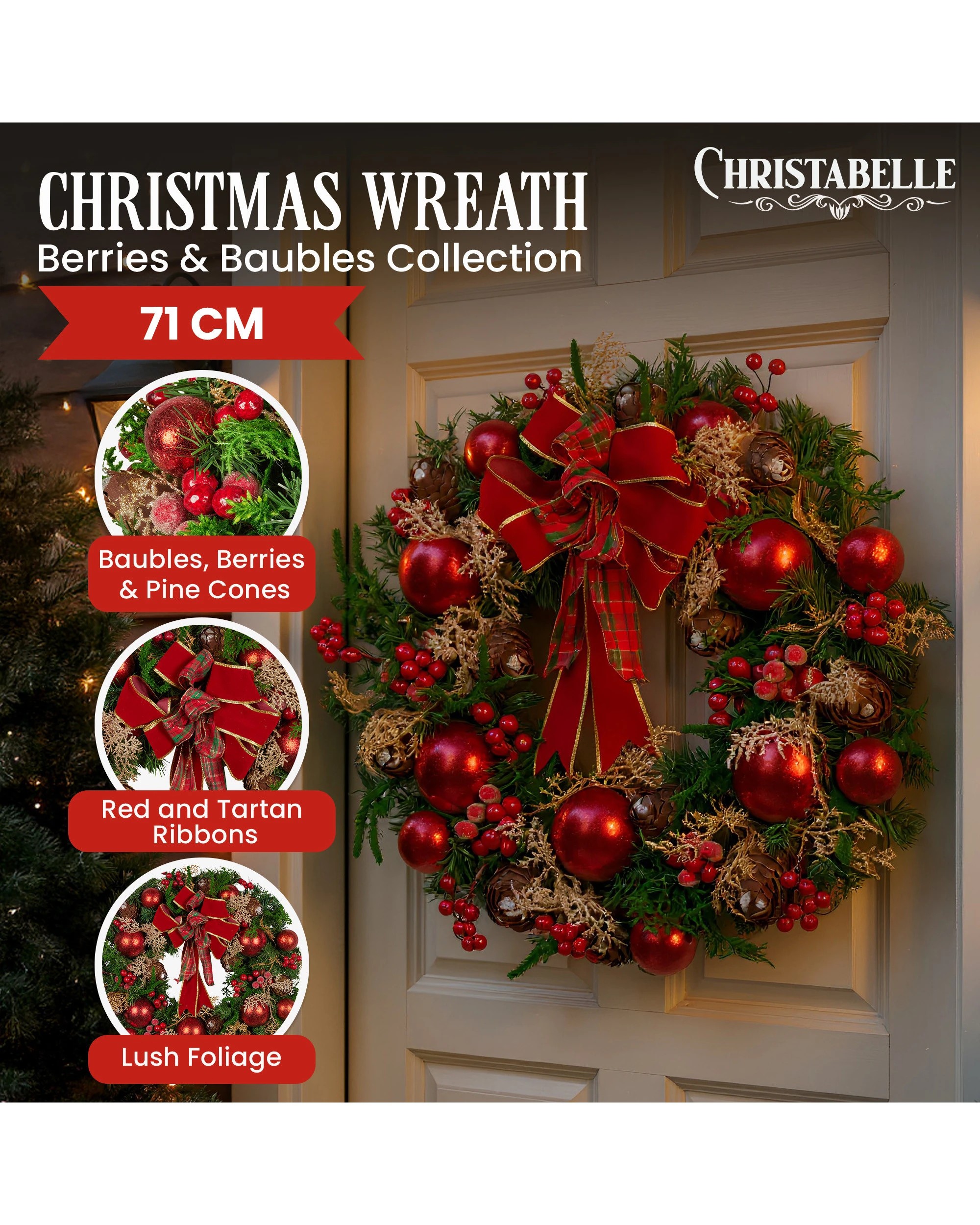 6 Christabelle Stunning 71cm Christmas Wreath Lush Red Baubles Berries Pine Cones And Bow Front Door Decoration, 6 of 10