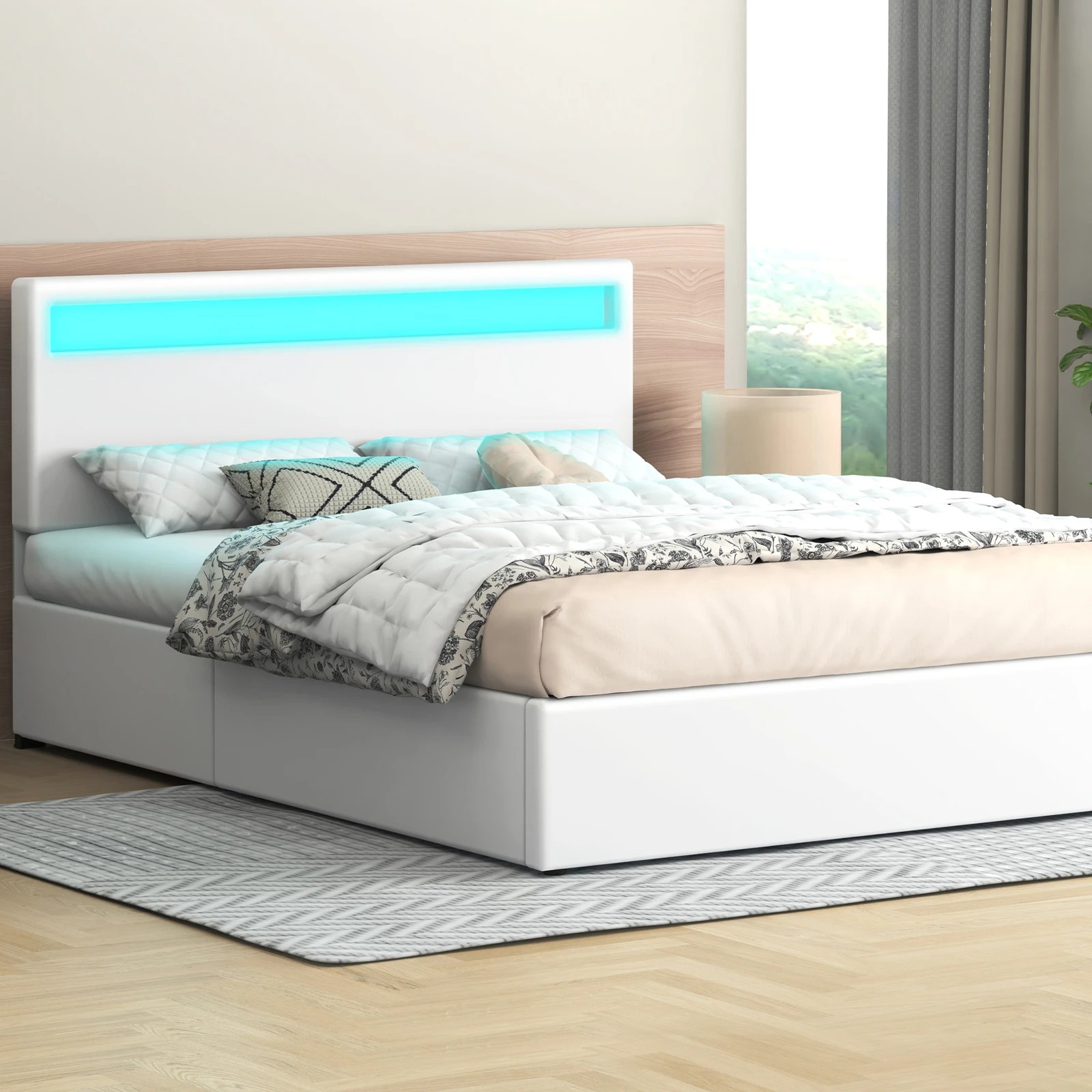 2 Alfordson Bed Frame Double Size RGB LED Gas Lift Storage Base Luchino - White, 2 of 10