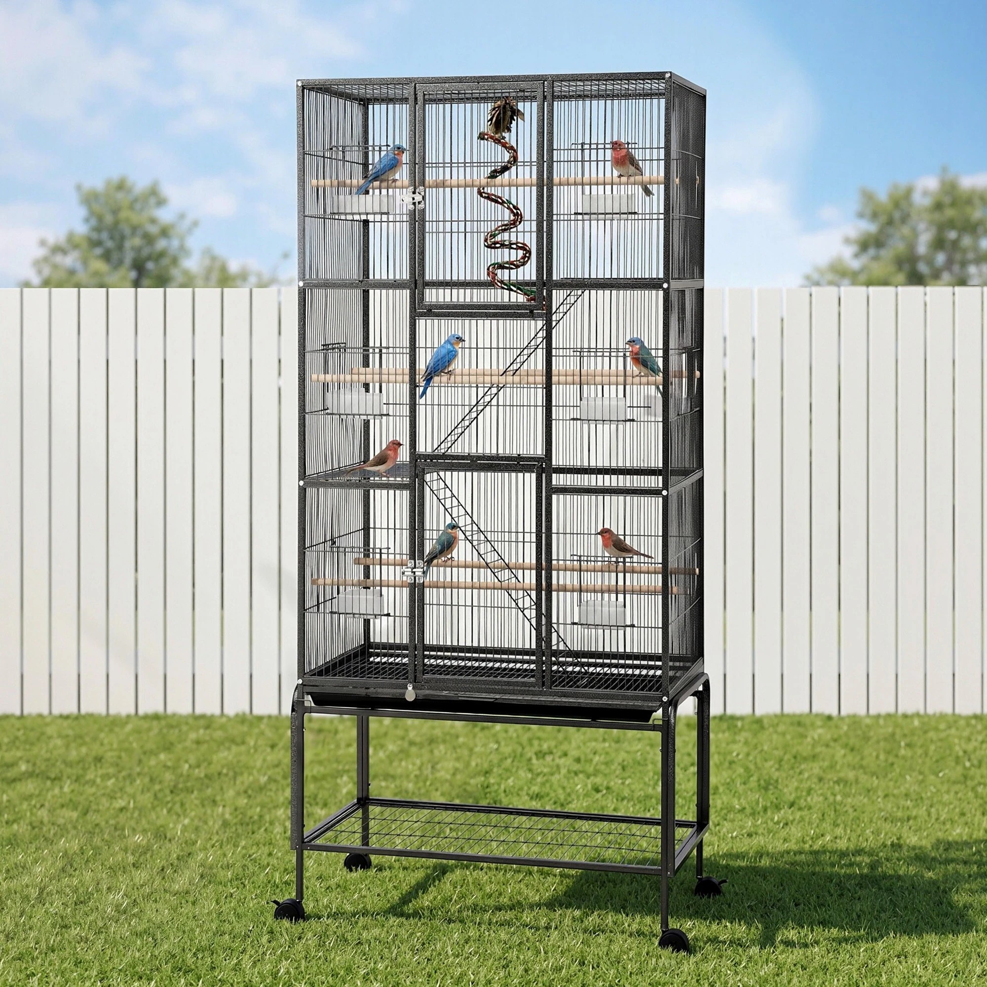 2 i.Pet 3-Tier Large Bird Cage Aviary with Ladder Parrot Budgie Wheels - Black, 2 of 8